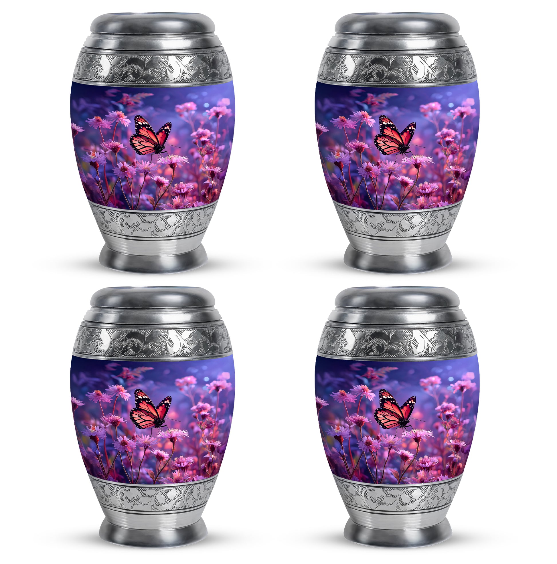 Navy Blue Butterfly Cremation Urn urn with complimentary velvet bag - ornate monarch-style butterfly relief on brushed aluminum - 10 inch aluminum urn for cremated remains