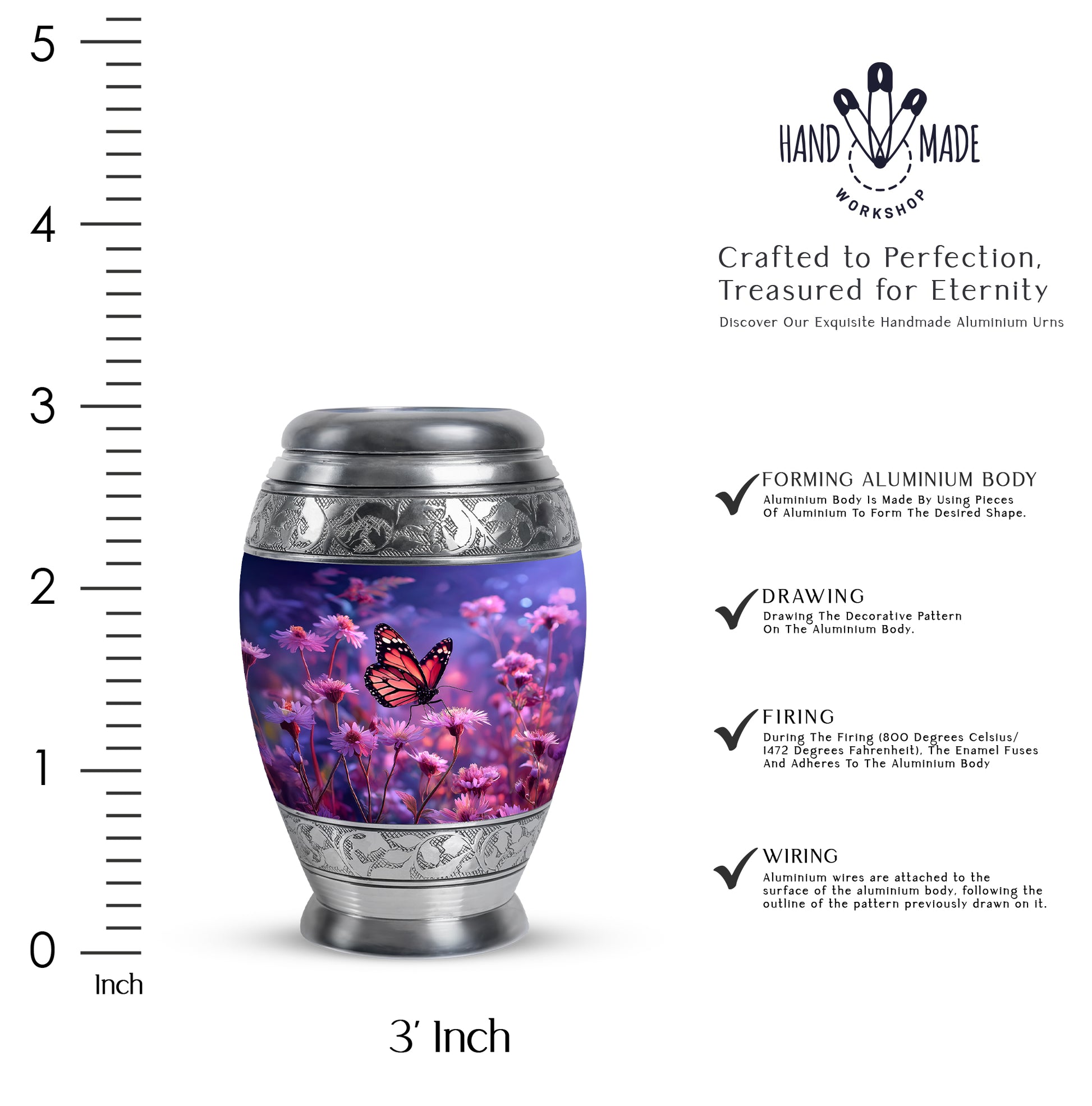 Celestial Blue Butterfly Cremation Urn lifestyle display on memorial shelf - ornate monarch-style butterfly relief on brushed aluminum - mini keepsake memorial for portion of cremation ashes