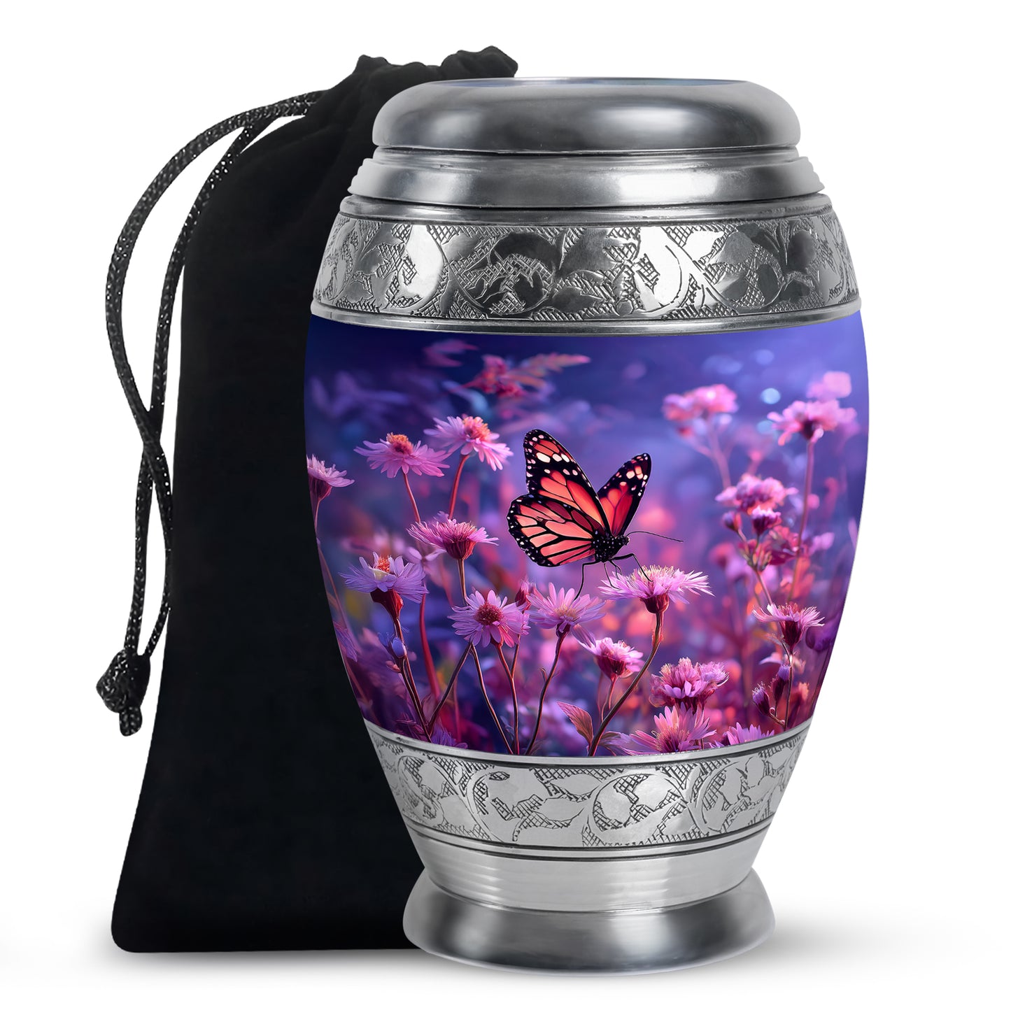 Cobalt Blue Butterfly Cremation Urn back view with polished surface - majestic butterfly pattern with filigree border - full-size 10 inch 200 cubic inch adult cremation urn