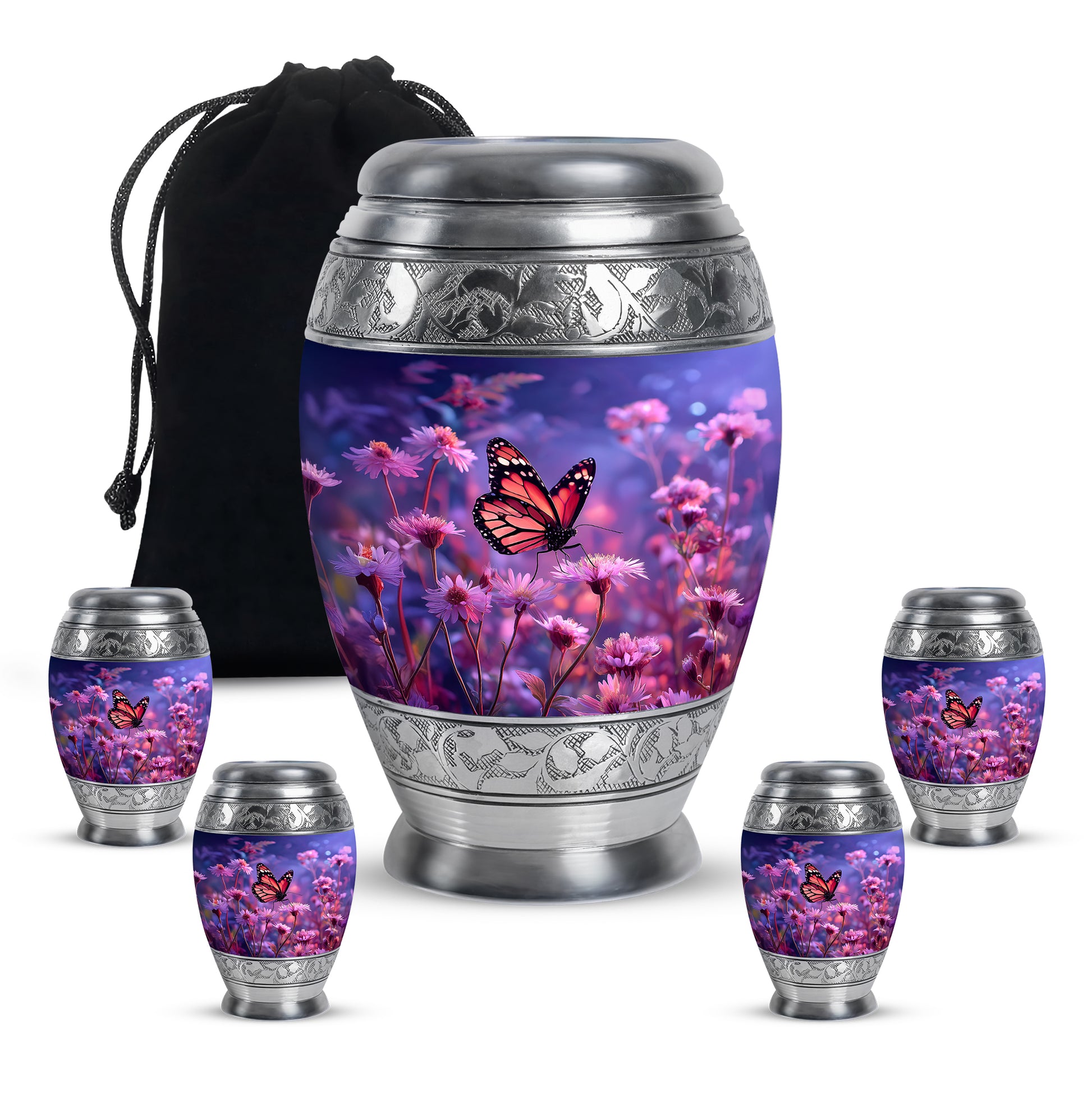 Twilight Blue Butterfly Cremation Urn detail view - royal butterfly engraving with decorative scrollwork - memorial set with one large and four small urns