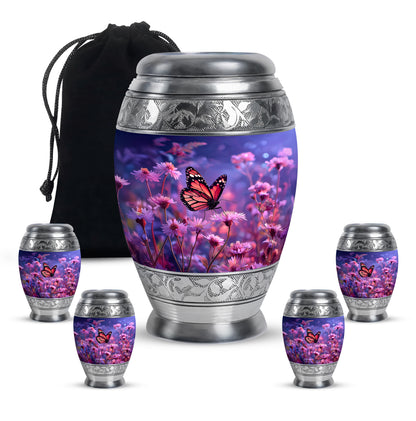 Twilight Blue Butterfly Cremation Urn detail view - royal butterfly engraving with decorative scrollwork - memorial set with one large and four small urns