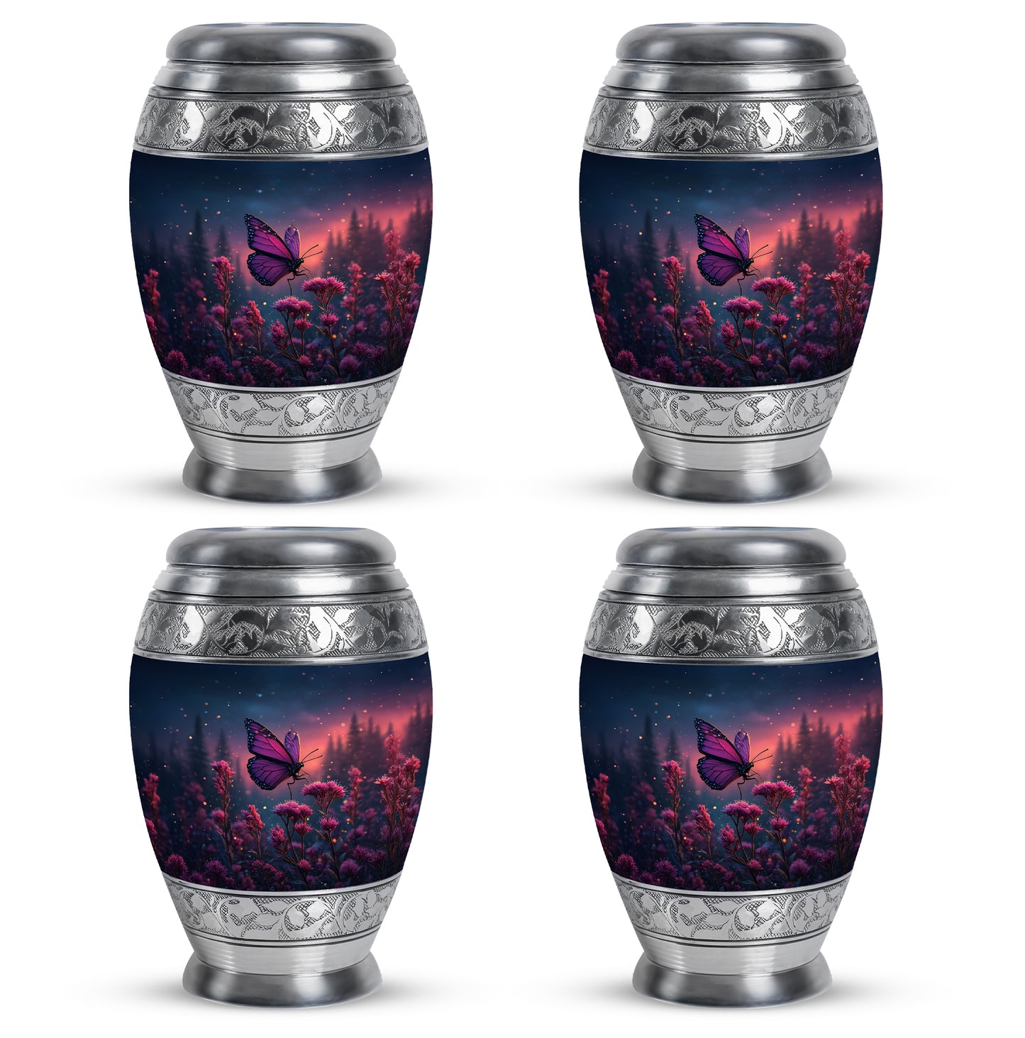 Celestial Blue Butterfly Cremation Urn urn with complimentary velvet bag - ornate monarch-style butterfly relief on brushed aluminum - 10 inch aluminum urn for cremated remains