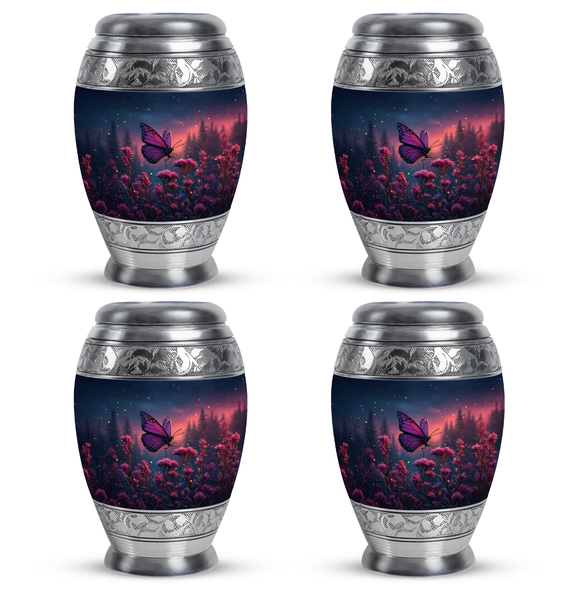 Celestial Blue Butterfly Cremation Urn urn with complimentary velvet bag - ornate monarch-style butterfly relief on brushed aluminum - 10 inch aluminum urn for cremated remains