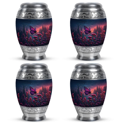 Celestial Blue Butterfly Cremation Urn urn with complimentary velvet bag - ornate monarch-style butterfly relief on brushed aluminum - 10 inch aluminum urn for cremated remains