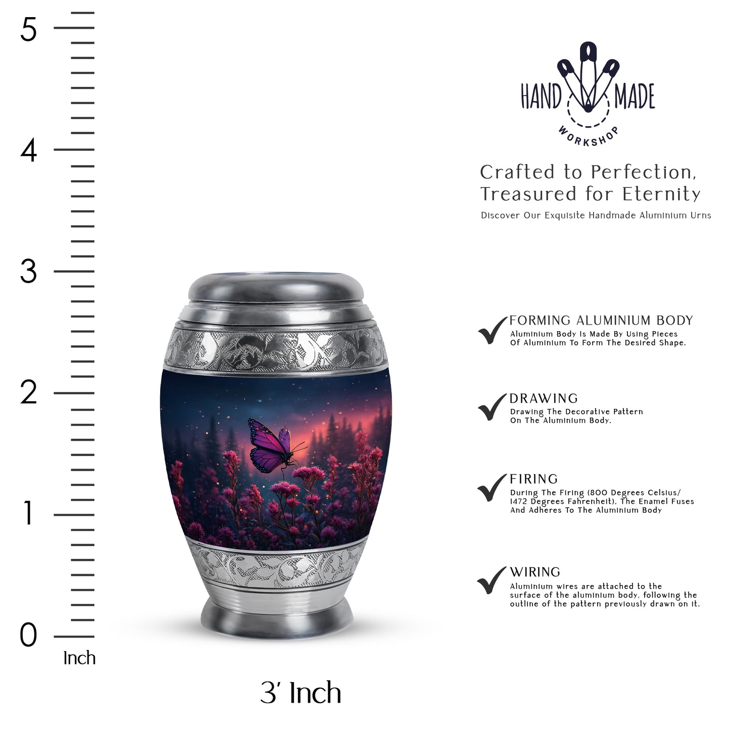 Calming Blue Butterfly Cremation Urn lifestyle display on memorial shelf - majestic butterfly pattern with filigree border - mini keepsake memorial for portion of cremation ashes