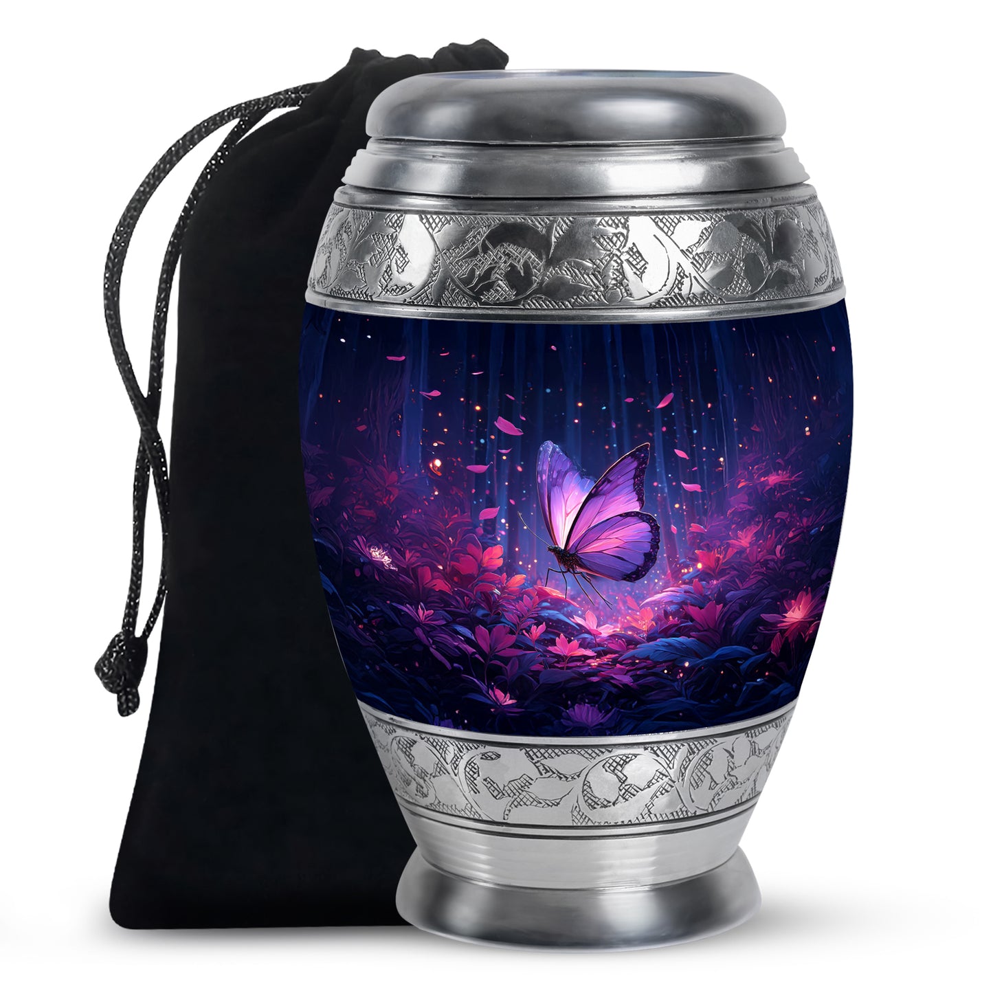 Serene Blue Butterfly Cremation Urn back view with polished surface - royal butterfly engraving with decorative scrollwork - full-size 10 inch 200 cubic inch adult cremation urn