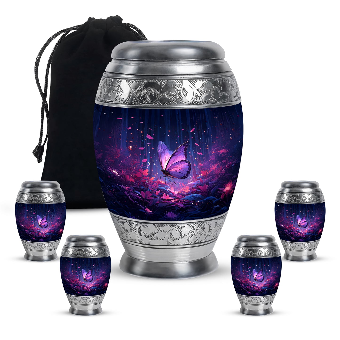 Royal Blue Butterfly Cremation Urn detail view - majestic butterfly pattern with filigree border - memorial set with one large and four small urns