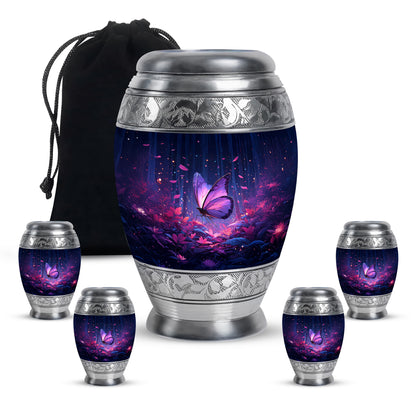 Royal Blue Butterfly Cremation Urn detail view - majestic butterfly pattern with filigree border - memorial set with one large and four small urns