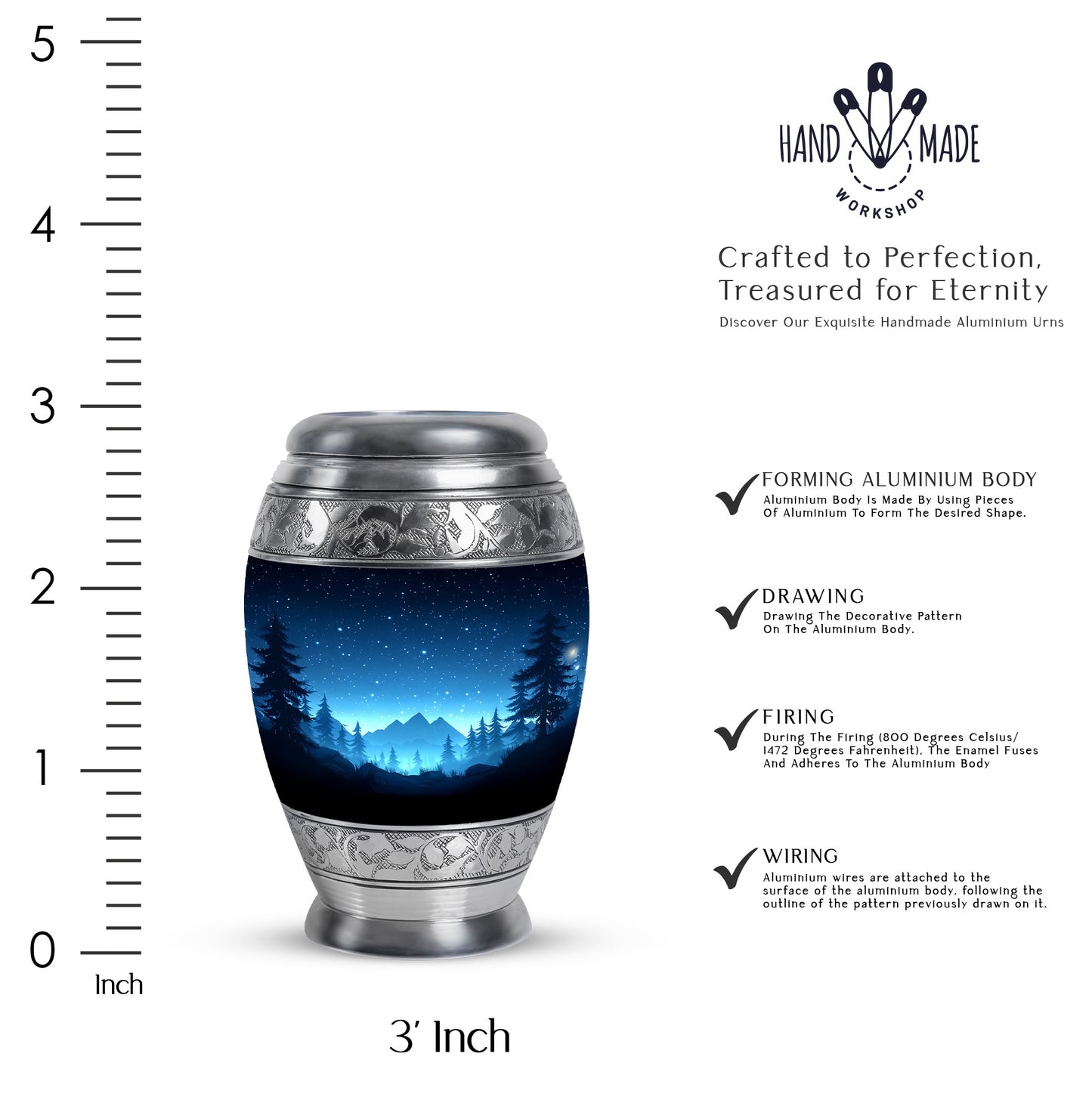 Cobalt Blue Blue Cremation Urn lifestyle display on memorial shelf - majestic blue pattern with filigree border - mini keepsake memorial for portion of cremation ashes