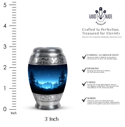 Cobalt Blue Blue Cremation Urn lifestyle display on memorial shelf - majestic blue pattern with filigree border - mini keepsake memorial for portion of cremation ashes