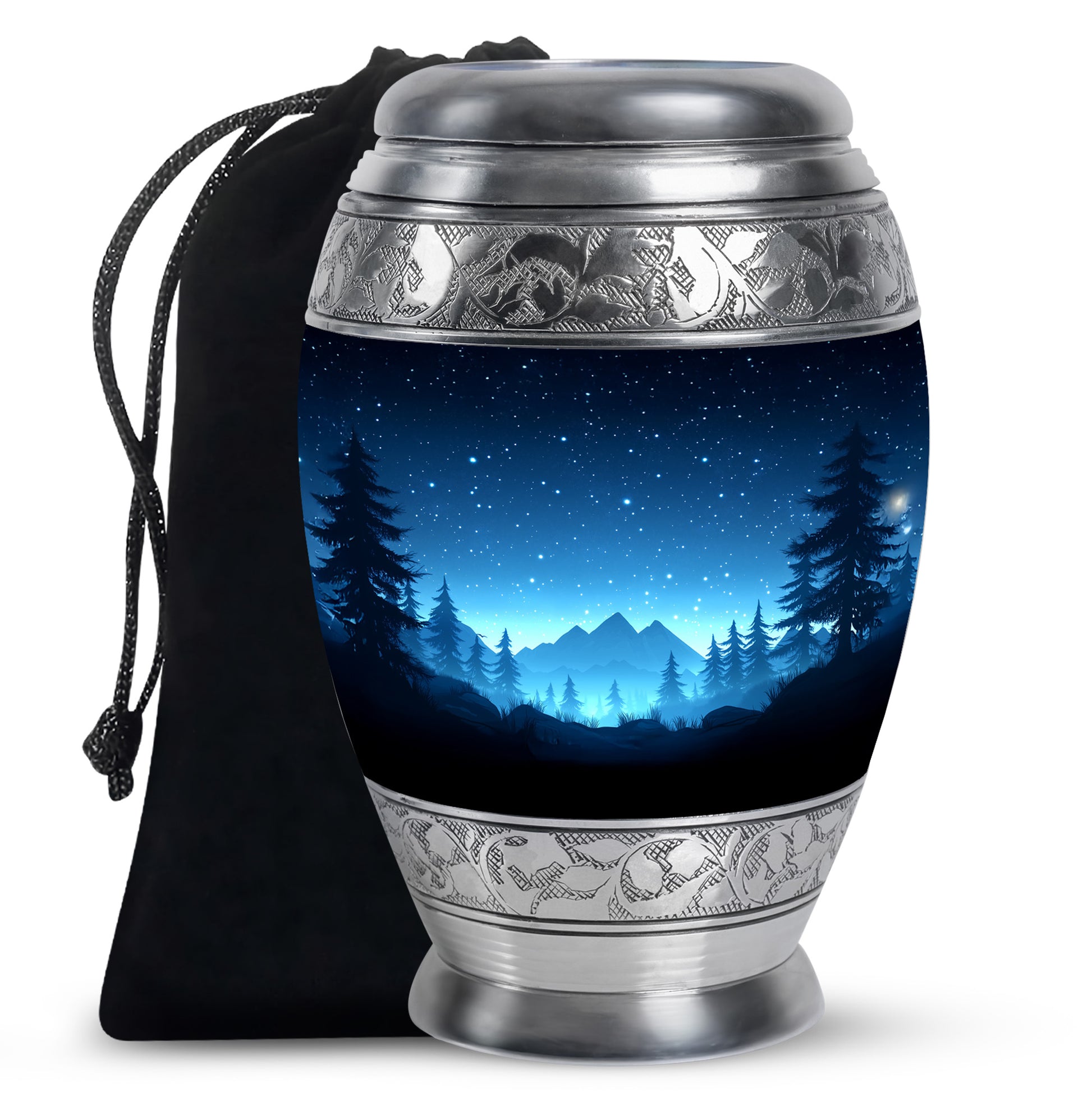 Azure Blue Cremation Urn back view with polished surface - ornate monarch-style blue relief on brushed aluminum - full-size 10 inch 200 cubic inch adult cremation urn
