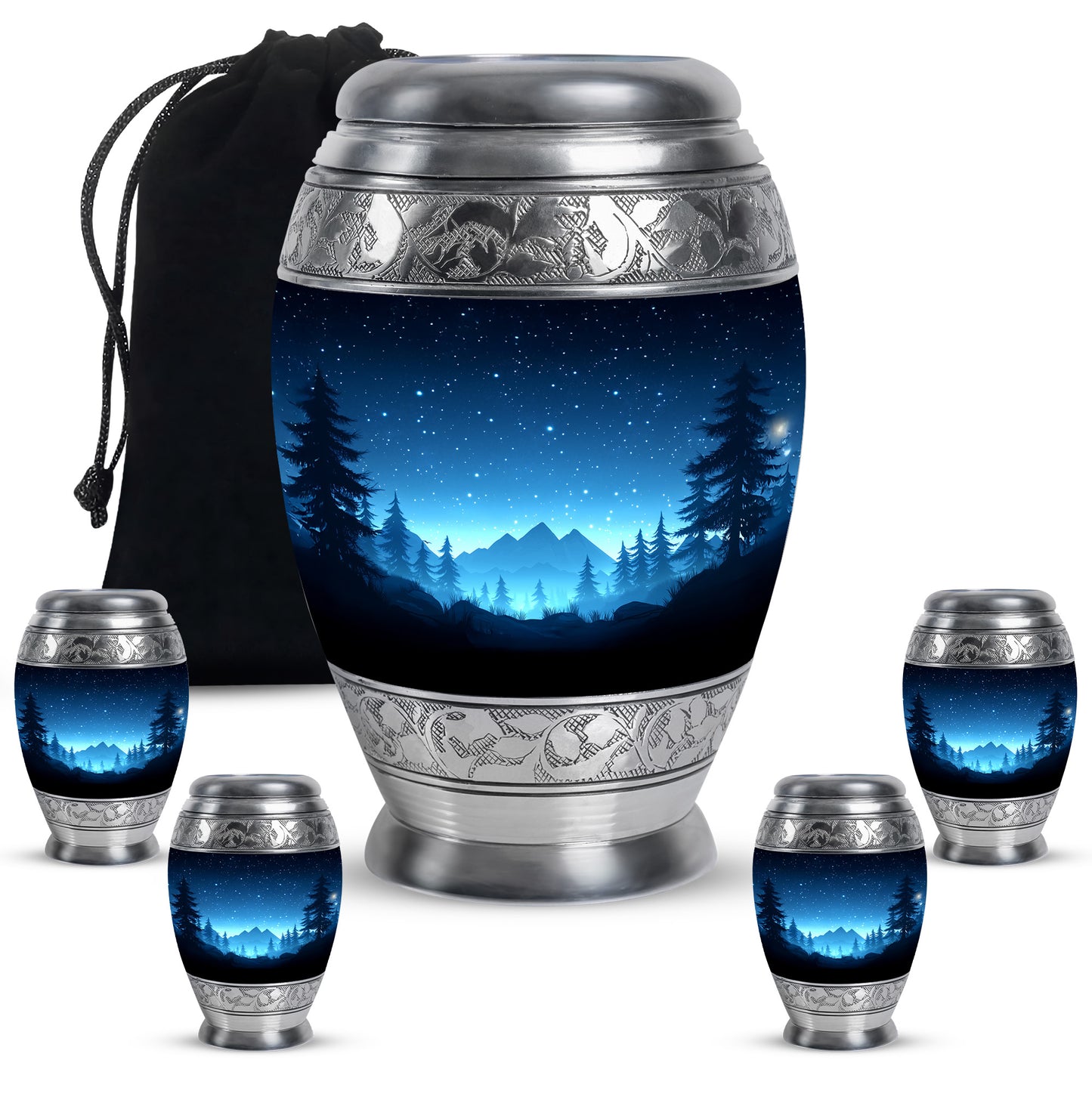 Indigo Blue Cremation Urn detail view - regal blue design with crown-inspired accents - memorial set with one large and four small urns
