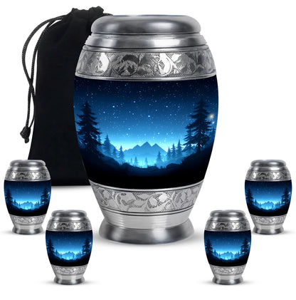 Indigo Blue Cremation Urn detail view - regal blue design with crown-inspired accents - memorial set with one large and four small urns