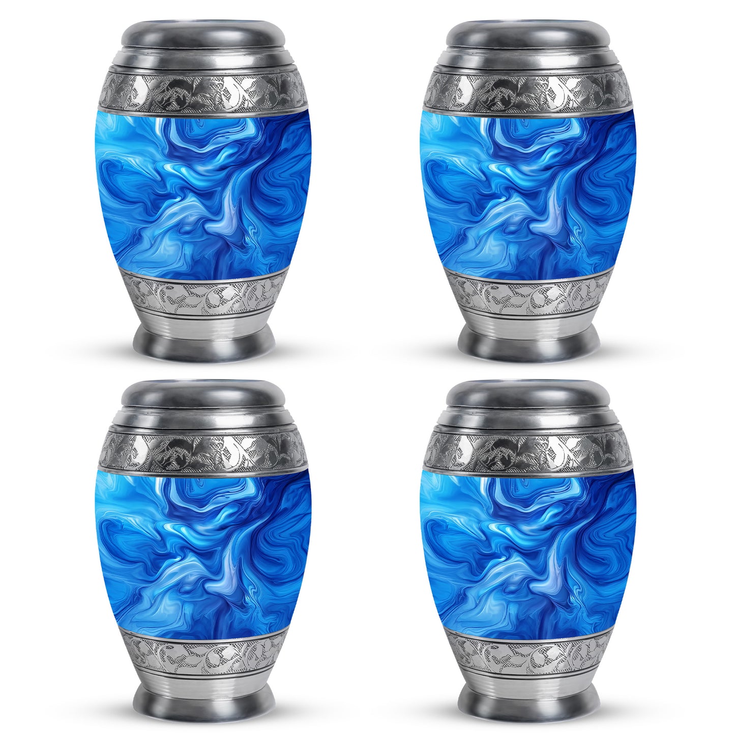 Cobalt Blue Blue Cremation Urn urn with complimentary velvet bag - royal blue engraving with decorative scrollwork - 10 inch aluminum urn for cremated remains