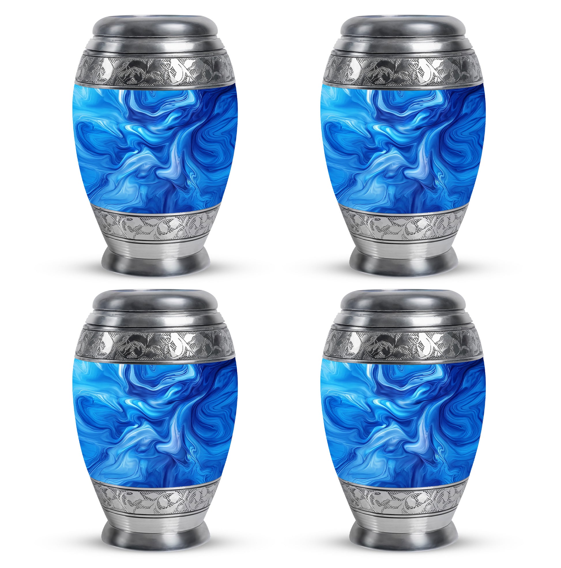 Cobalt Blue Blue Cremation Urn urn with complimentary velvet bag - royal blue engraving with decorative scrollwork - 10 inch aluminum urn for cremated remains