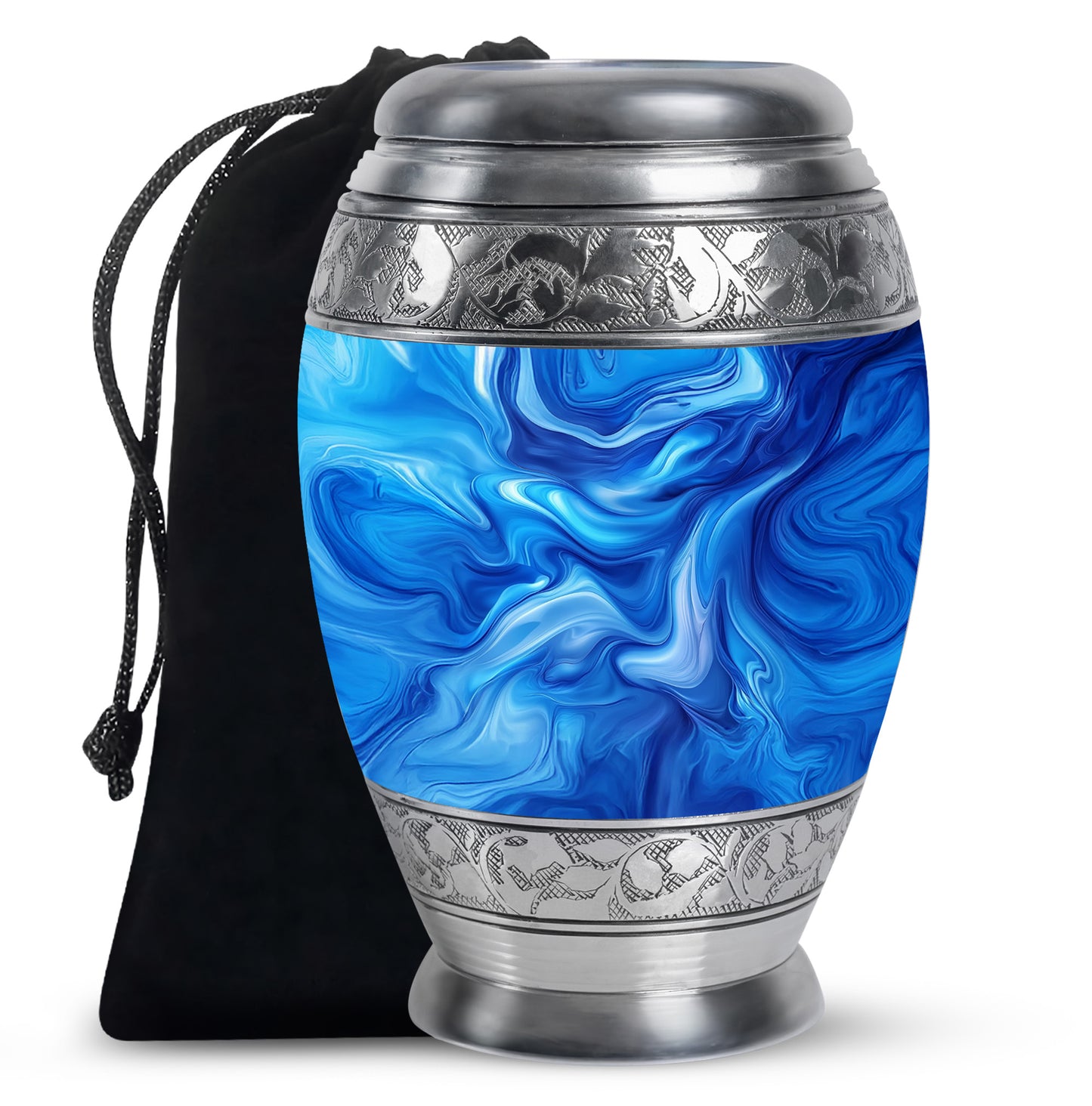 Sapphire Blue Blue Cremation Urn back view with polished surface - royal blue engraving with decorative scrollwork - full-size 10 inch 200 cubic inch adult cremation urn