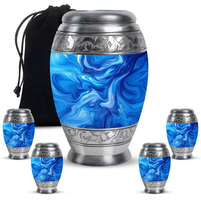 Celestial Blue Blue Cremation Urn detail view - ornate monarch-style blue relief on brushed aluminum - memorial set with one large and four small urns