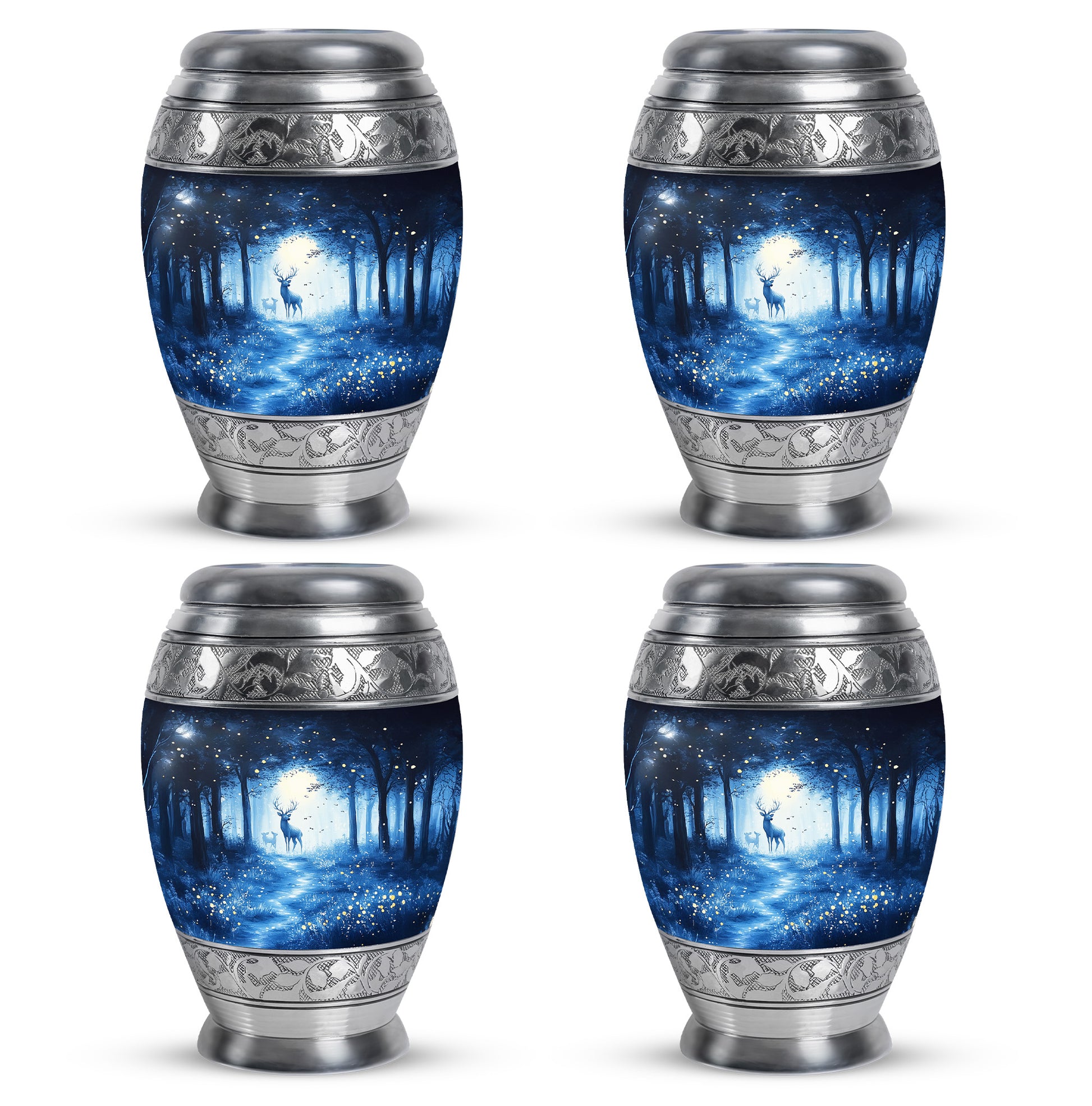 Sky Blue Blue Cremation Urn urn with complimentary velvet bag - ornate monarch-style blue relief on brushed aluminum - 10 inch aluminum urn for cremated remains