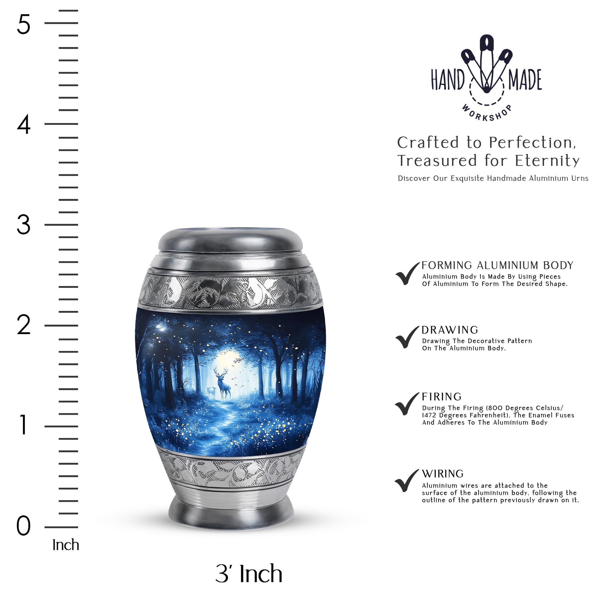 Bright Blue Blue Cremation Urn lifestyle display on memorial shelf - royal blue engraving with decorative scrollwork - mini keepsake memorial for portion of cremation ashes