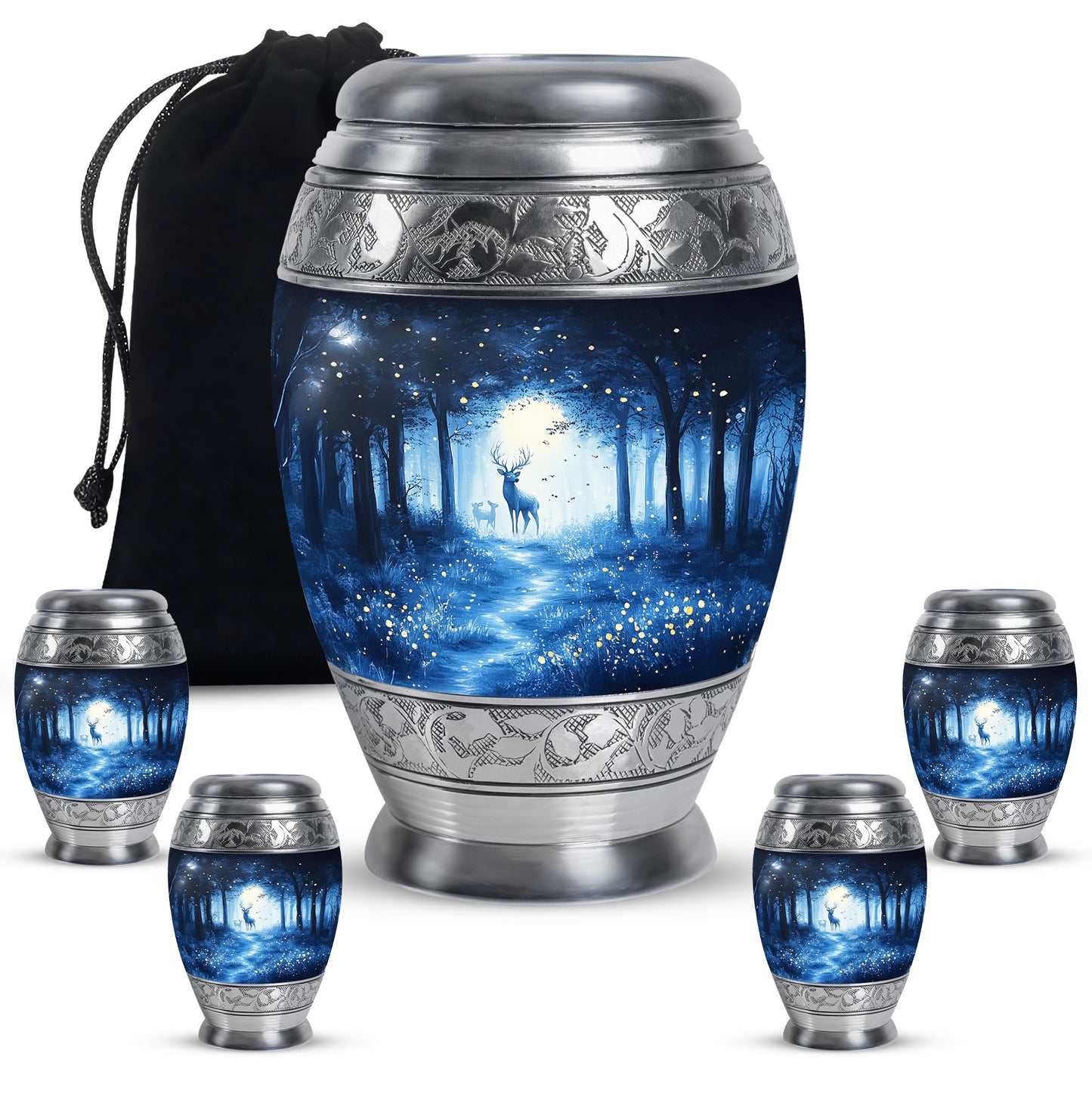 Serene Blue Blue Cremation Urn detail view - royal blue engraving with decorative scrollwork - memorial set with one large and four small urns