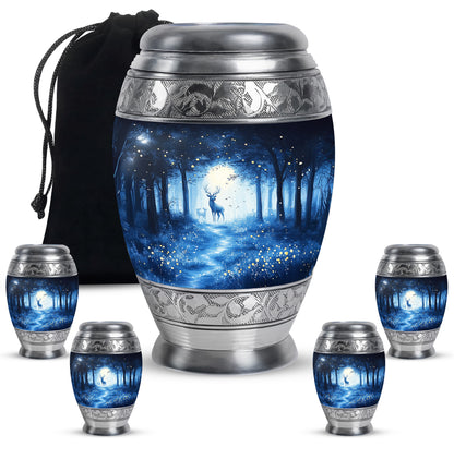 Serene Blue Blue Cremation Urn detail view - royal blue engraving with decorative scrollwork - memorial set with one large and four small urns