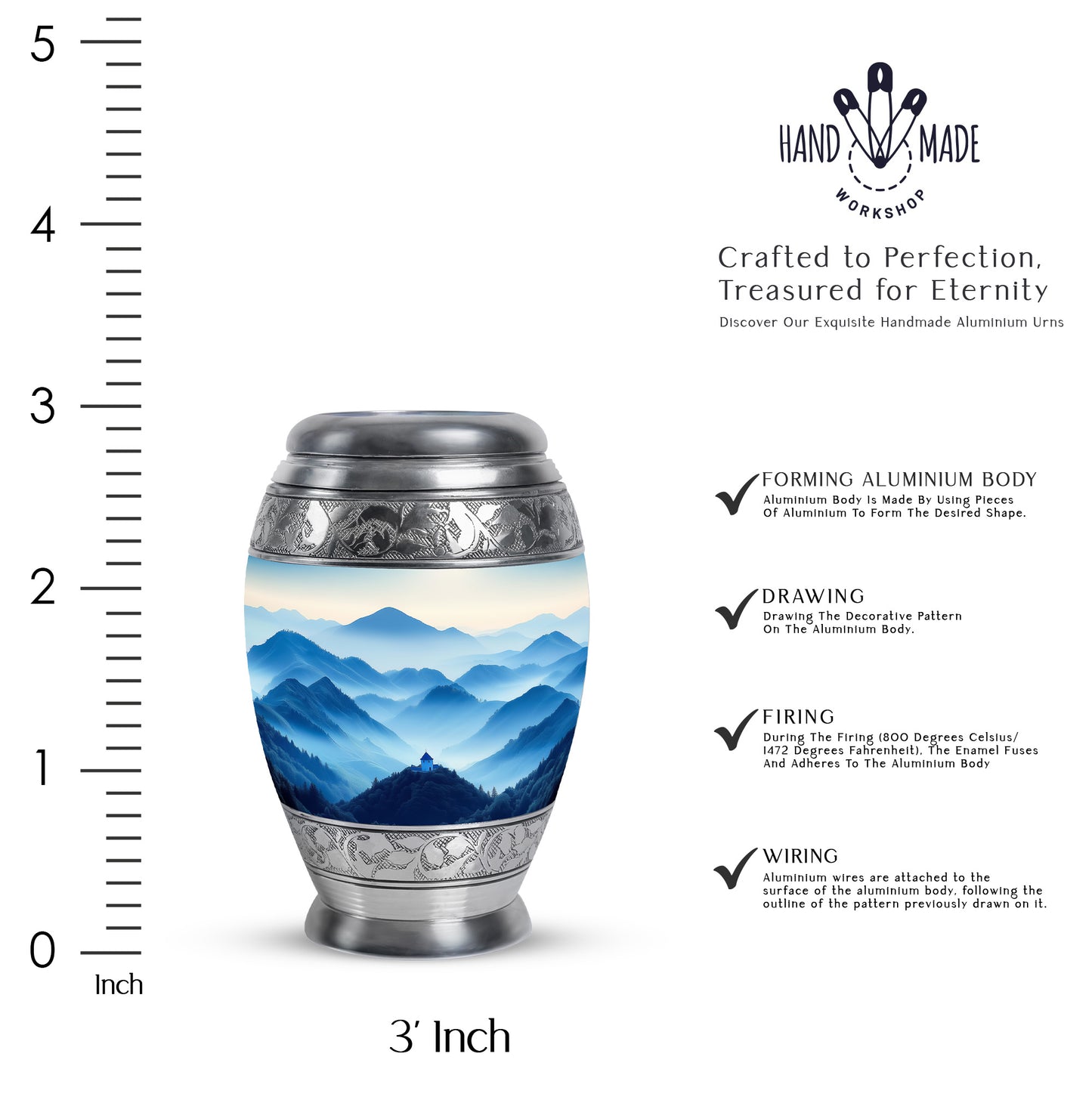 Gleaming Silver Blue Cremation Urn lifestyle display on memorial shelf - regal blue design with crown-inspired accents - mini keepsake memorial for portion of cremation ashes