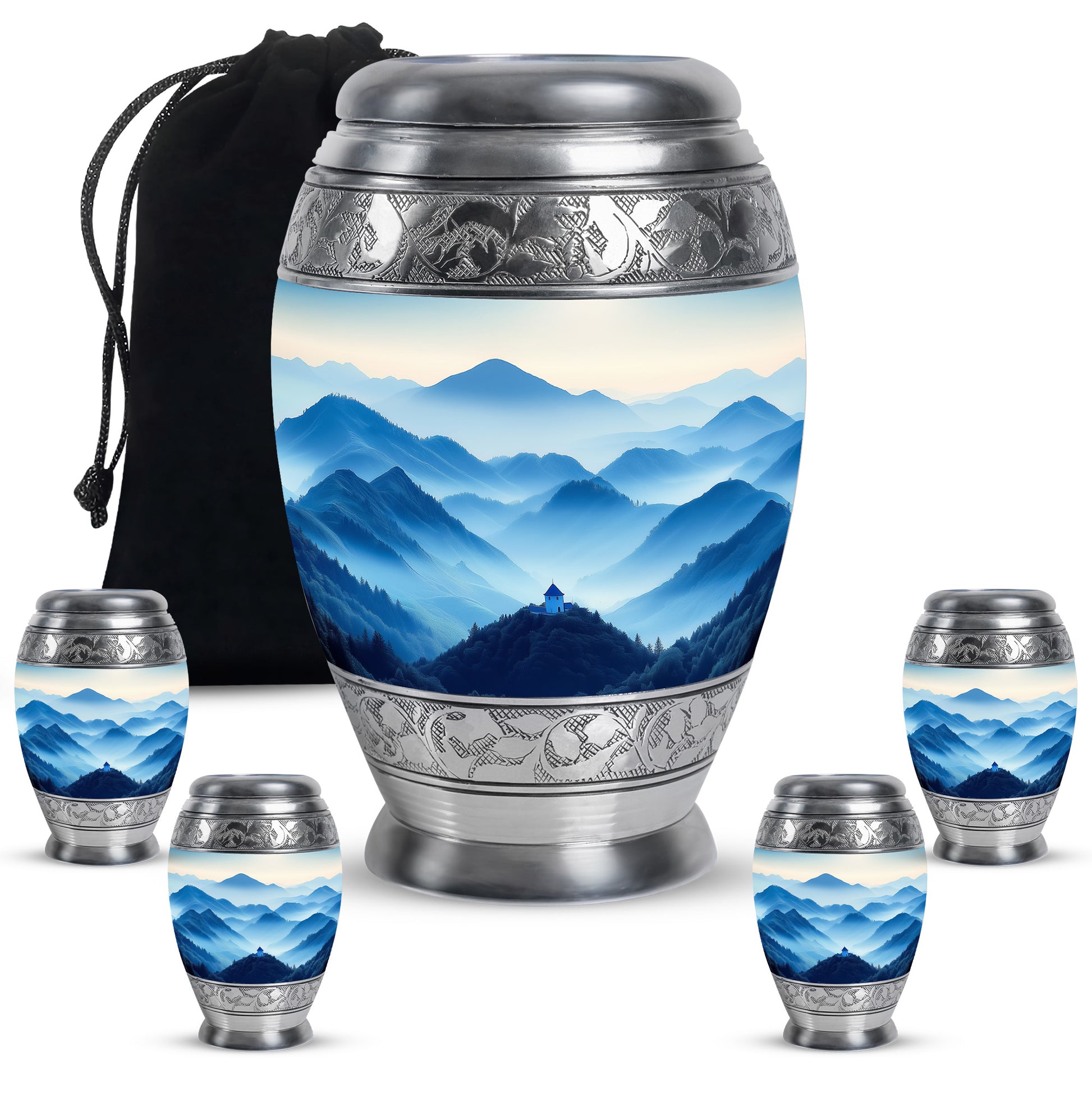 Frosted Silver Blue Cremation Urn detail view - majestic blue pattern with filigree border - memorial set with one large and four small urns