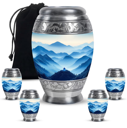 Frosted Silver Blue Cremation Urn detail view - majestic blue pattern with filigree border - memorial set with one large and four small urns
