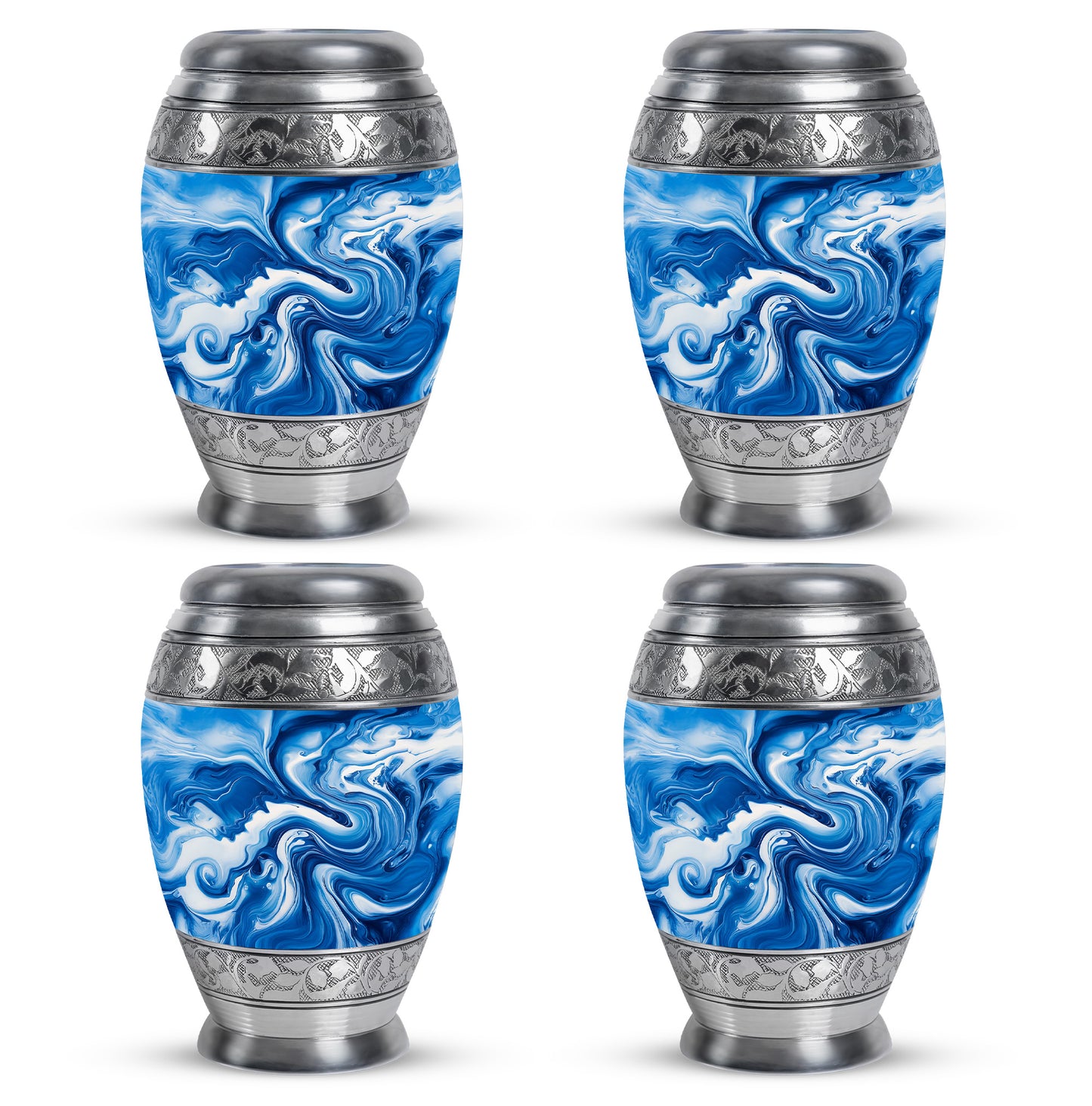 Azure Blue Cremation Urn urn with complimentary velvet bag - ornate monarch-style blue relief on brushed aluminum - 10 inch aluminum urn for cremated remains