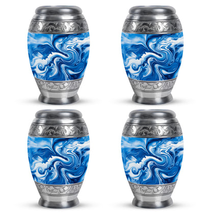 Azure Blue Cremation Urn urn with complimentary velvet bag - ornate monarch-style blue relief on brushed aluminum - 10 inch aluminum urn for cremated remains