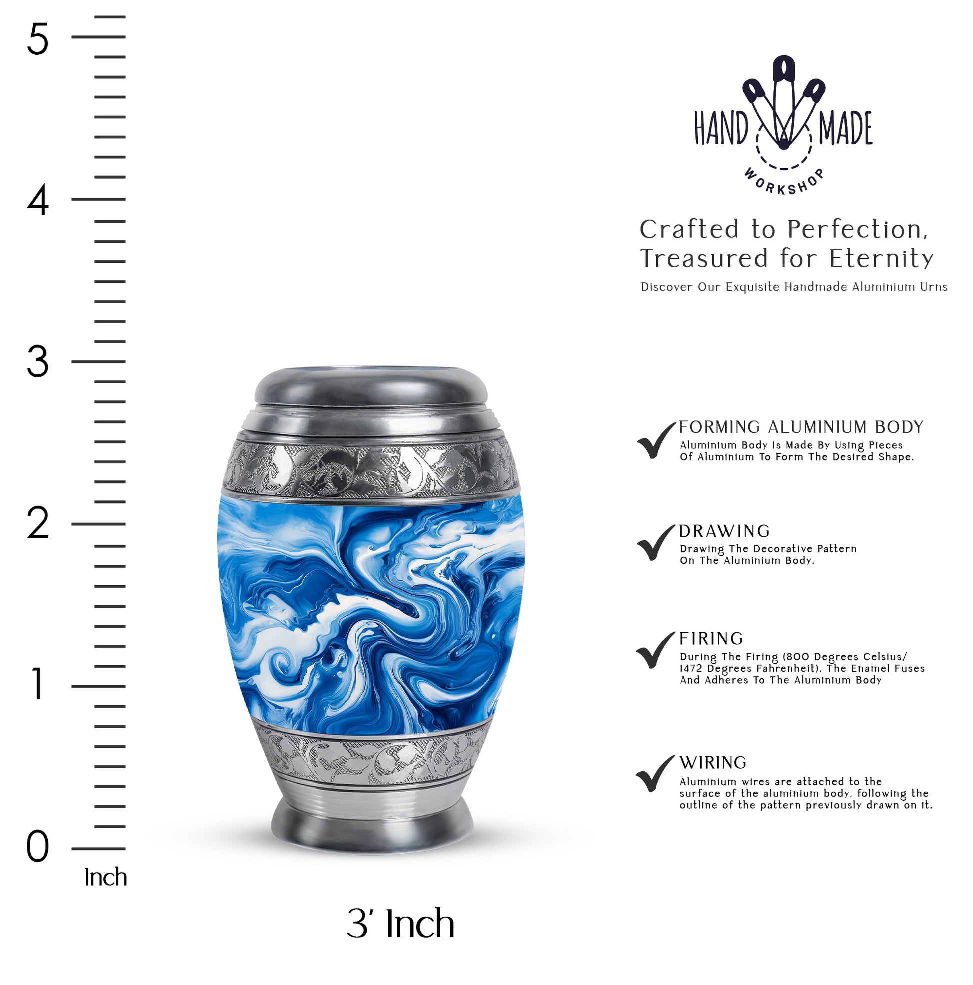 Bright Blue Blue Cremation Urn lifestyle display on memorial shelf - majestic blue pattern with filigree border - mini keepsake memorial for portion of cremation ashes