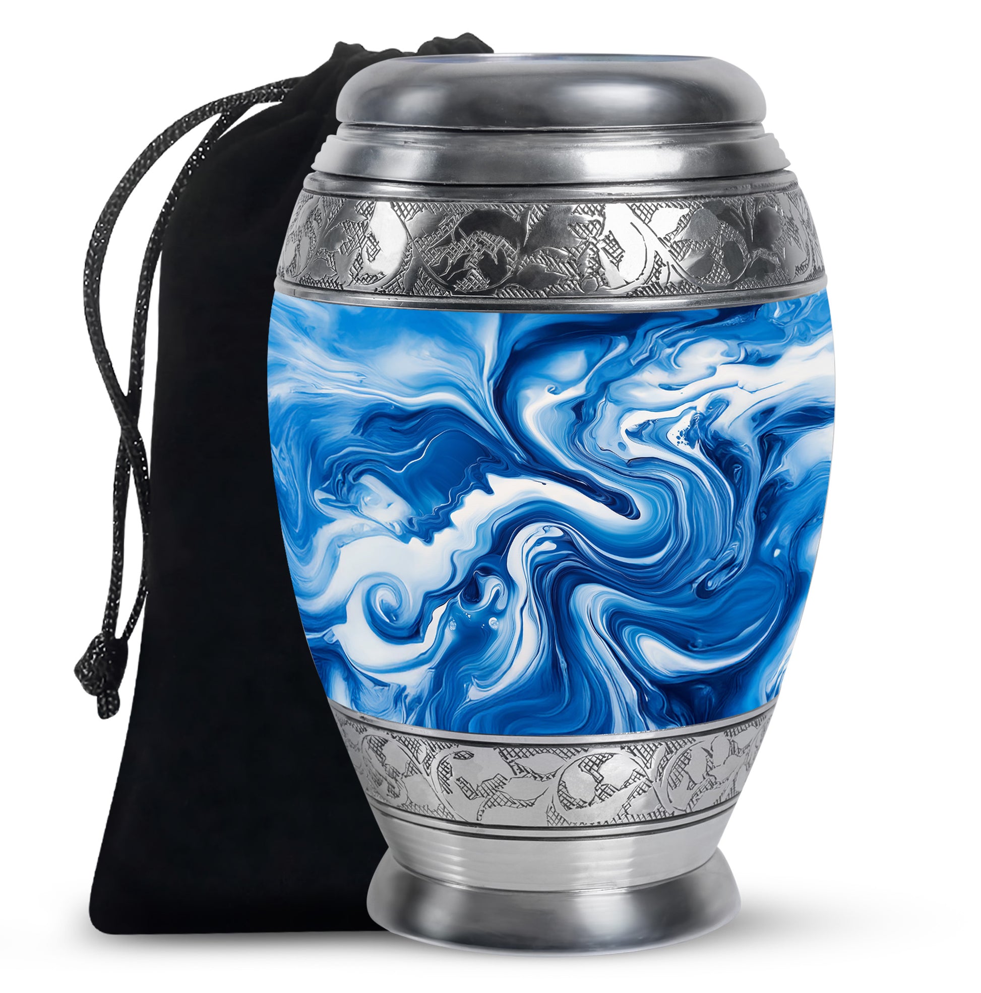 Twilight Blue Blue Cremation Urn back view with polished surface - majestic blue pattern with filigree border - full-size 10 inch 200 cubic inch adult cremation urn