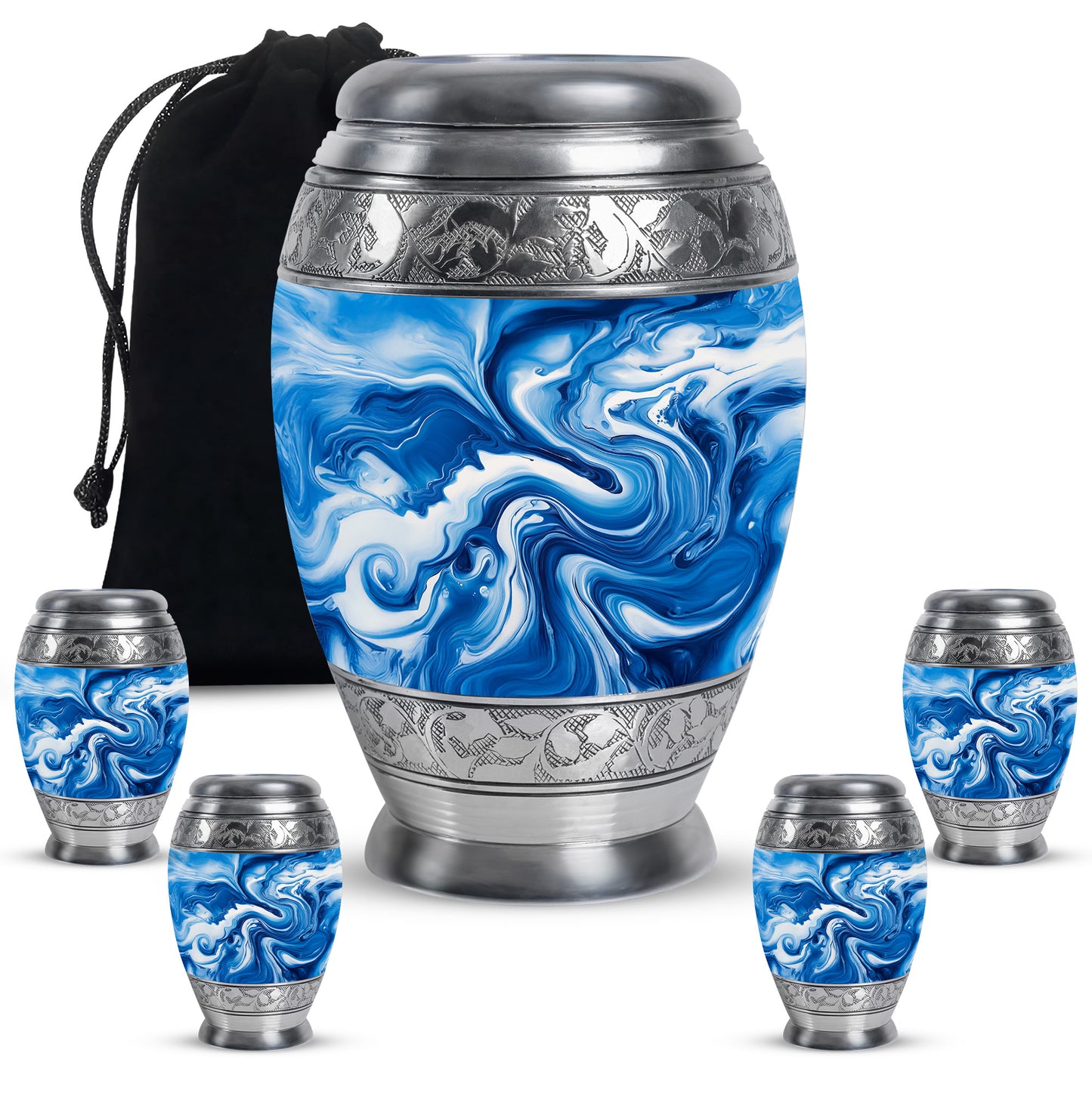 Misty Blue Blue Cremation Urn detail view - regal blue design with crown-inspired accents - memorial set with one large and four small urns