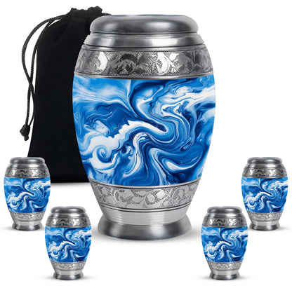 Misty Blue Blue Cremation Urn detail view - regal blue design with crown-inspired accents - memorial set with one large and four small urns