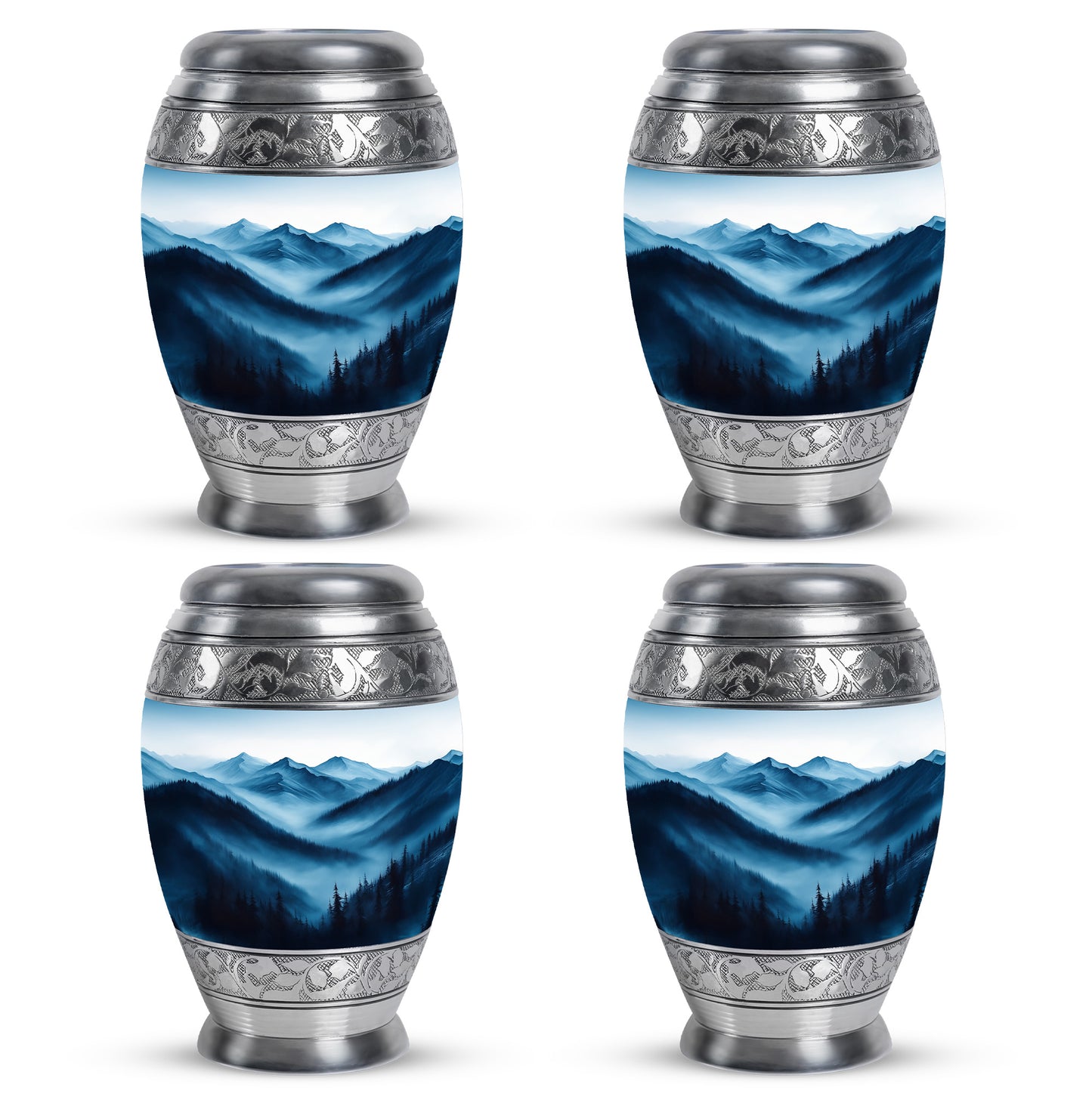 Antique Silver Blue Cremation Urn urn with complimentary velvet bag - majestic blue pattern with filigree border - 10 inch aluminum urn for cremated remains