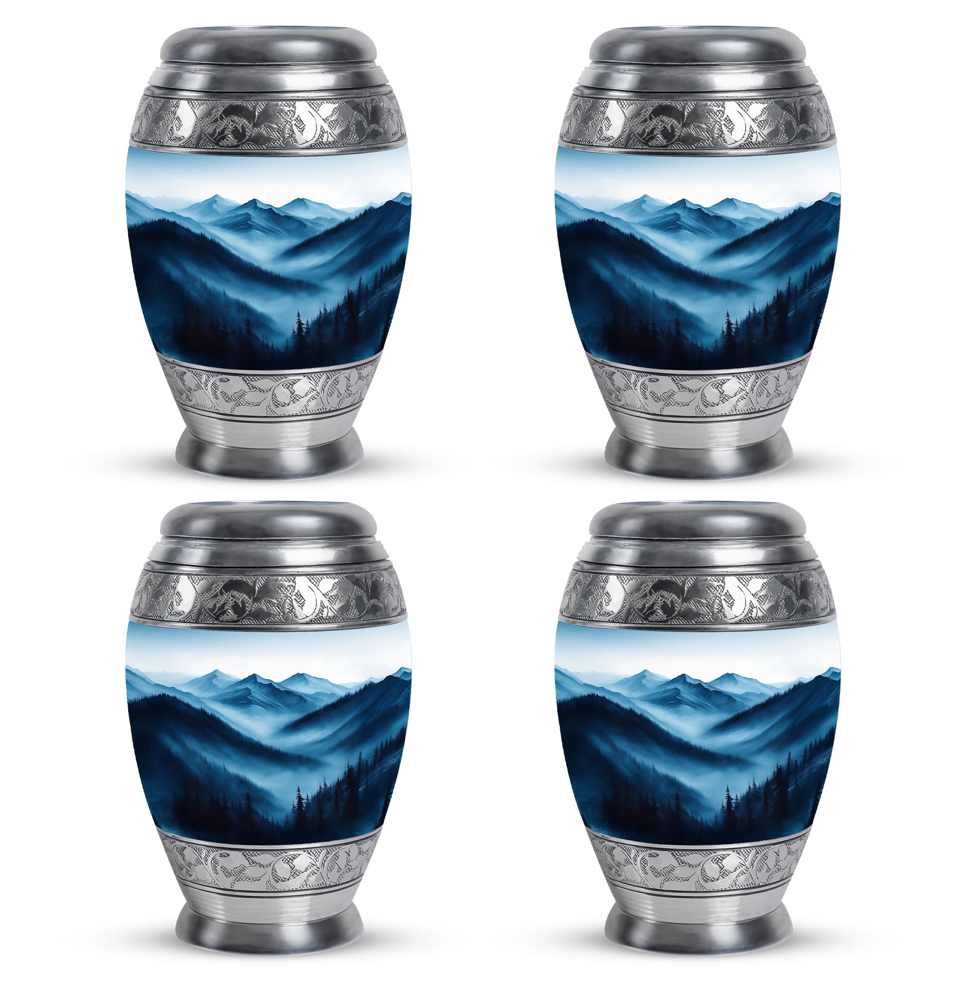 Antique Silver Blue Cremation Urn urn with complimentary velvet bag - majestic blue pattern with filigree border - 10 inch aluminum urn for cremated remains