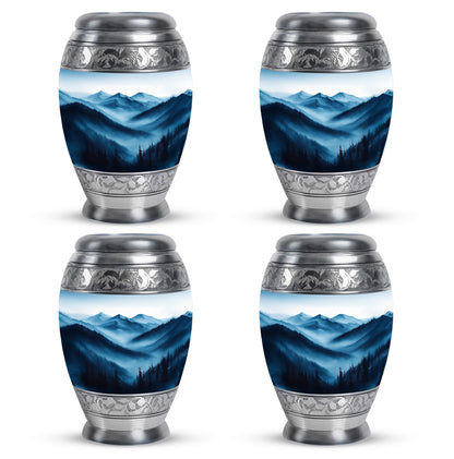 Antique Silver Blue Cremation Urn urn with complimentary velvet bag - majestic blue pattern with filigree border - 10 inch aluminum urn for cremated remains