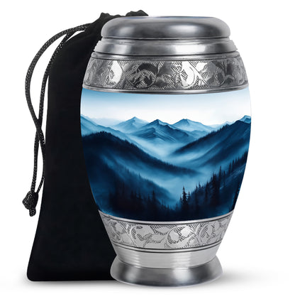 Polished Silver Blue Cremation Urn back view with polished surface - majestic blue pattern with filigree border - full-size 10 inch 200 cubic inch adult cremation urn