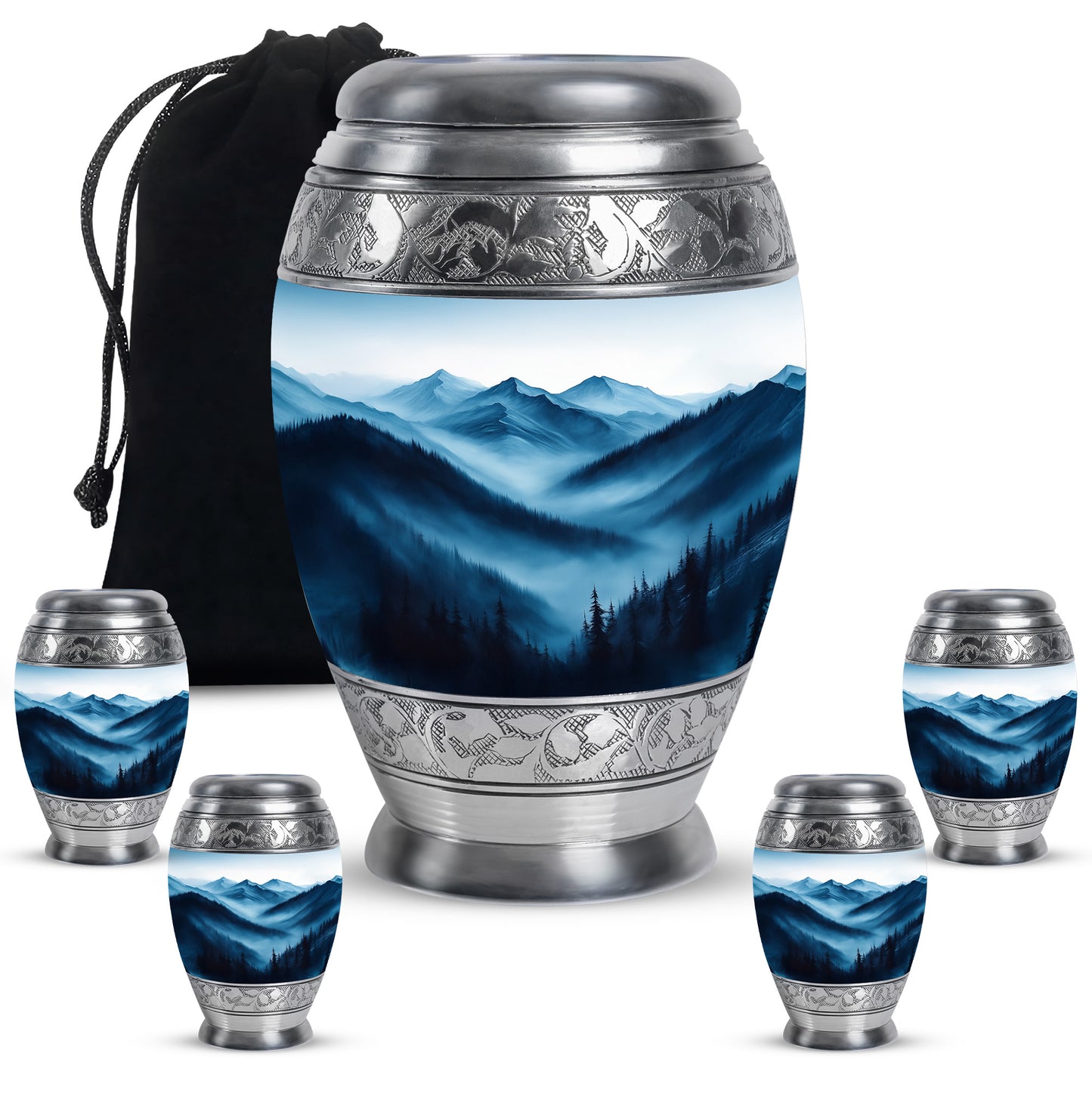 Antique Silver Blue Cremation Urn detail view - royal blue engraving with decorative scrollwork - memorial set with one large and four small urns
