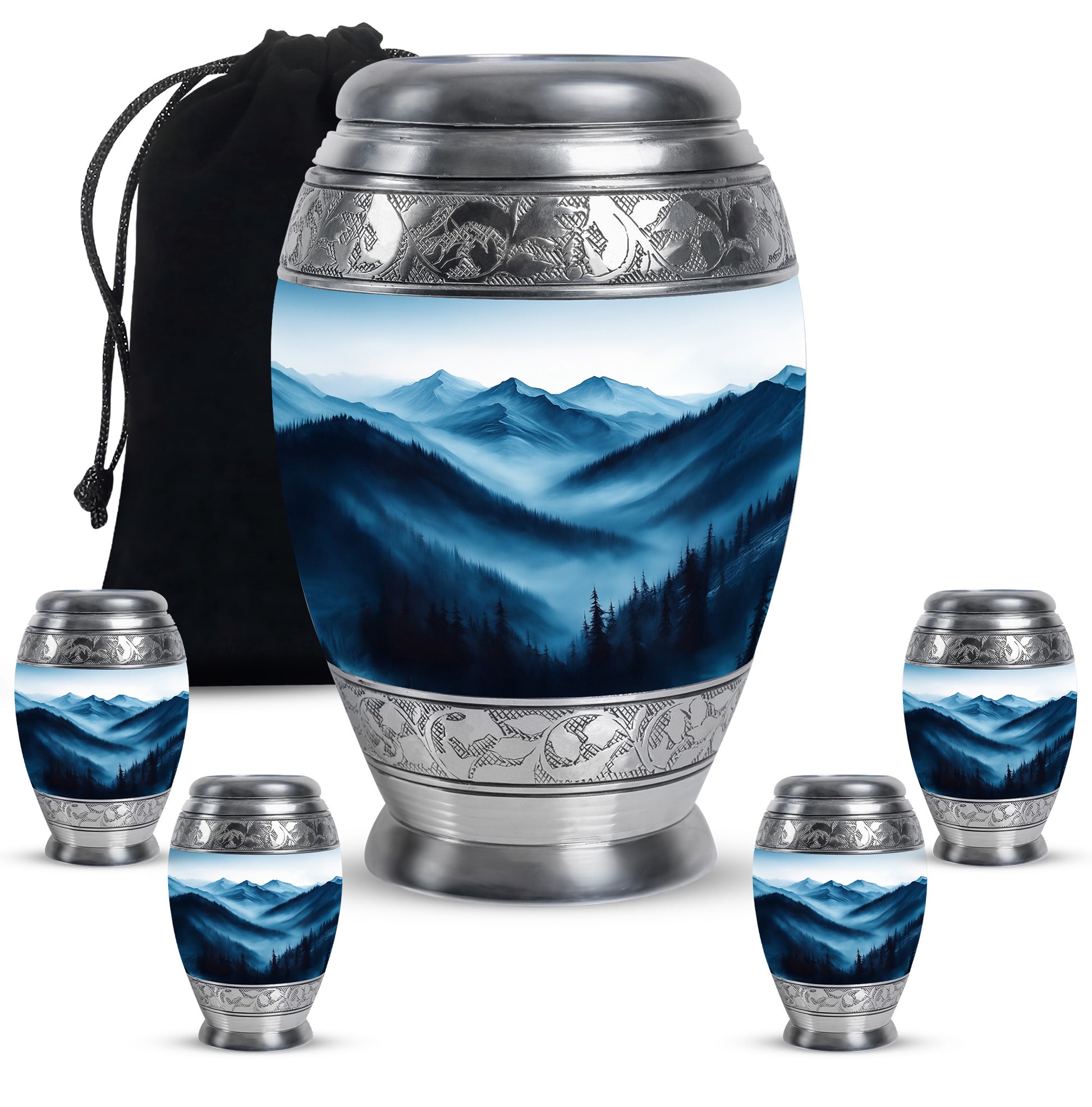 Antique Silver Blue Cremation Urn detail view - royal blue engraving with decorative scrollwork - memorial set with one large and four small urns
