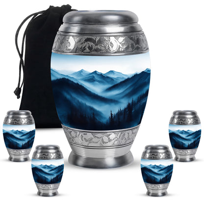 Antique Silver Blue Cremation Urn detail view - royal blue engraving with decorative scrollwork - memorial set with one large and four small urns
