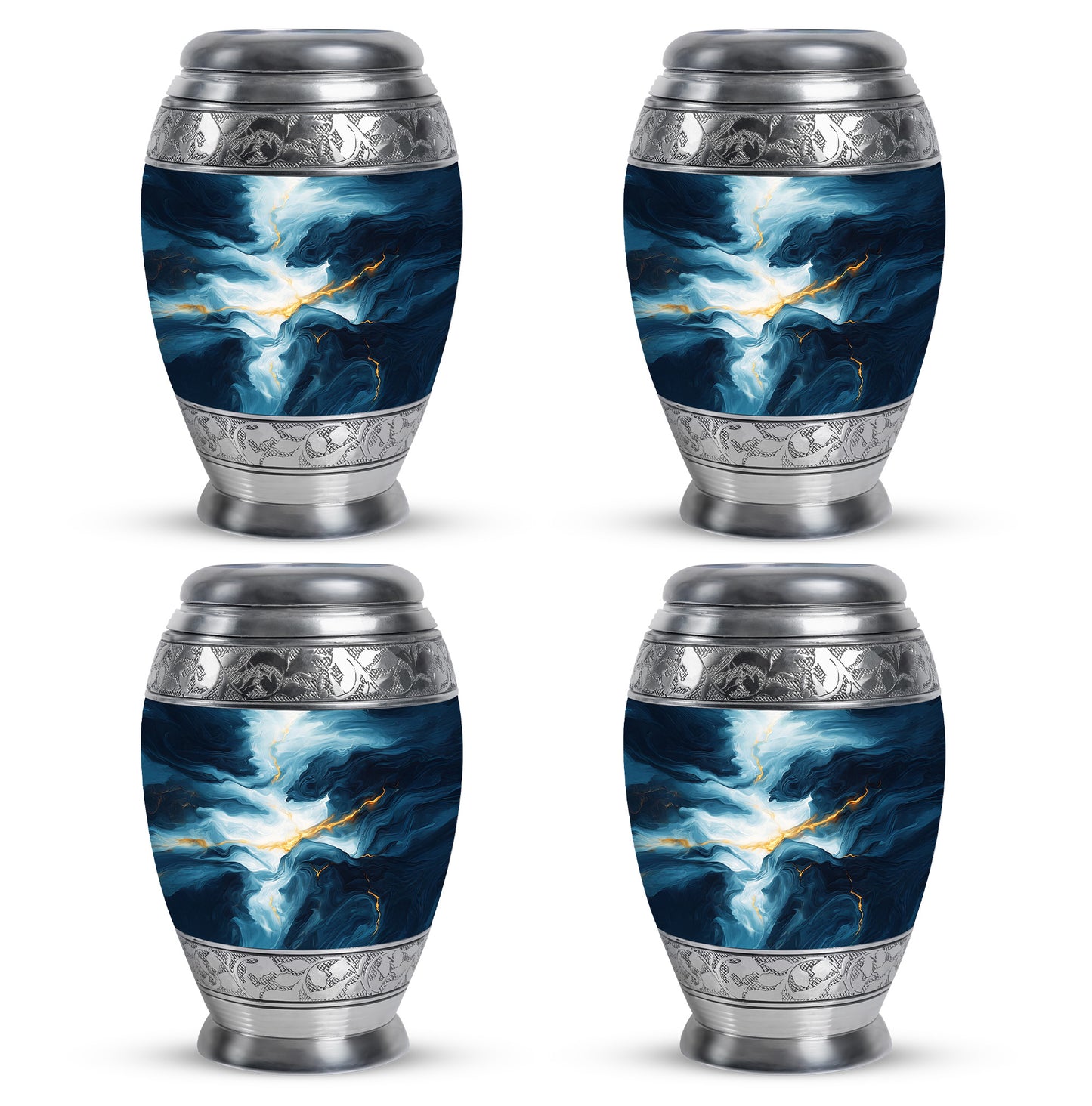 Powder Blue Blue Cremation Urn urn with complimentary velvet bag - ornate monarch-style blue relief on brushed aluminum - 10 inch aluminum urn for cremated remains
