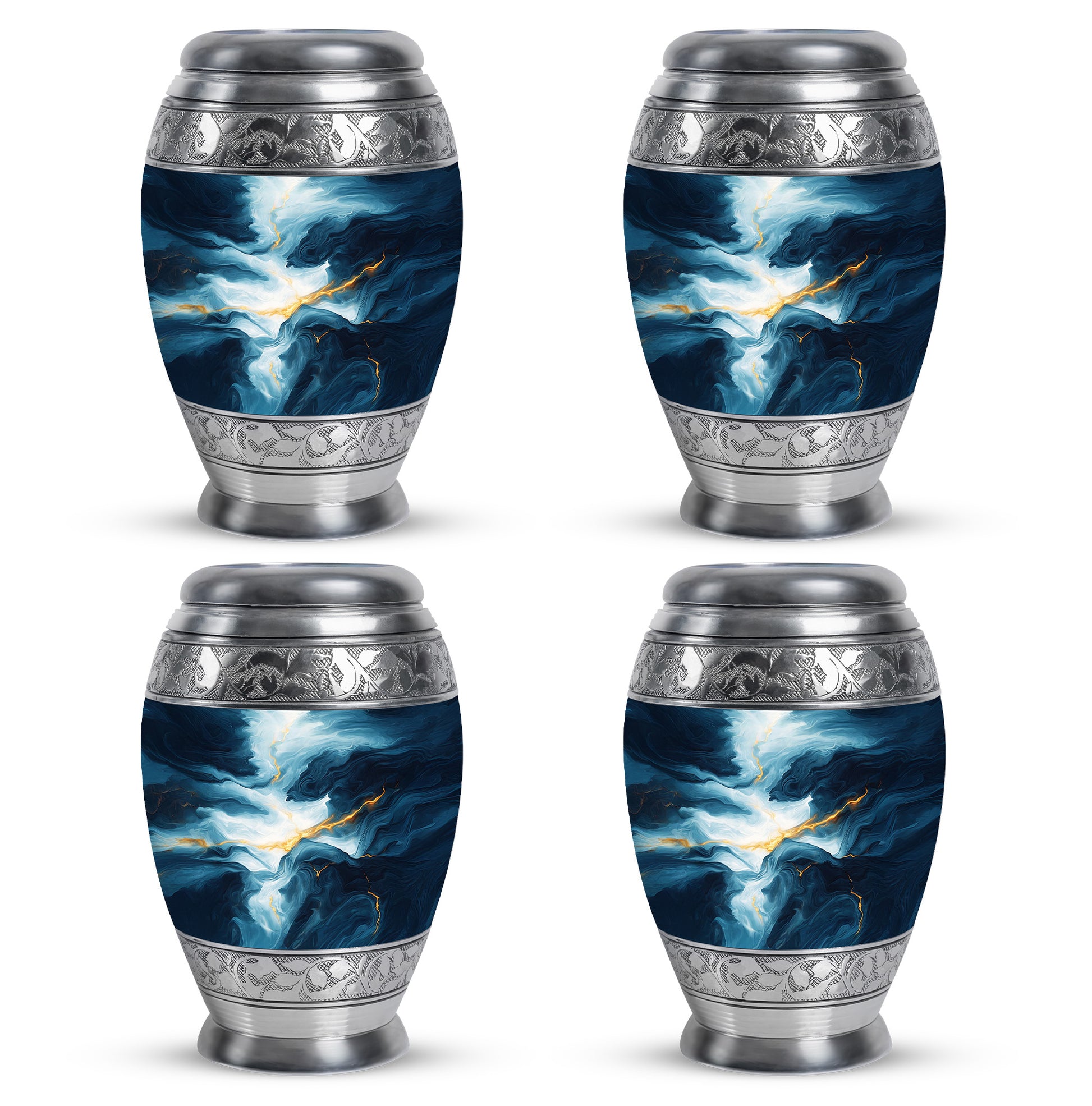 Powder Blue Blue Cremation Urn urn with complimentary velvet bag - ornate monarch-style blue relief on brushed aluminum - 10 inch aluminum urn for cremated remains