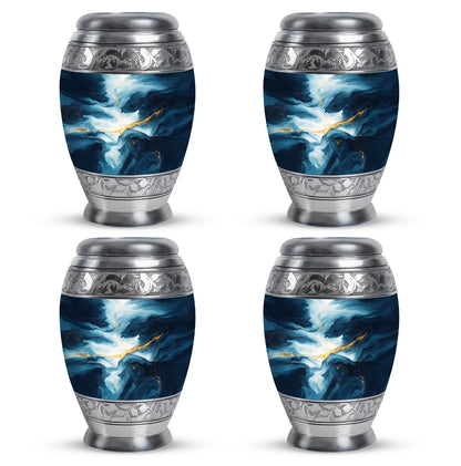 Powder Blue Blue Cremation Urn urn with complimentary velvet bag - ornate monarch-style blue relief on brushed aluminum - 10 inch aluminum urn for cremated remains