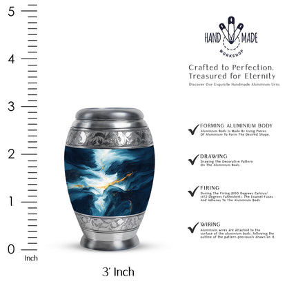 Slate Blue Blue Cremation Urn lifestyle display on memorial shelf - ornate monarch-style blue relief on brushed aluminum - mini keepsake memorial for portion of cremation ashes