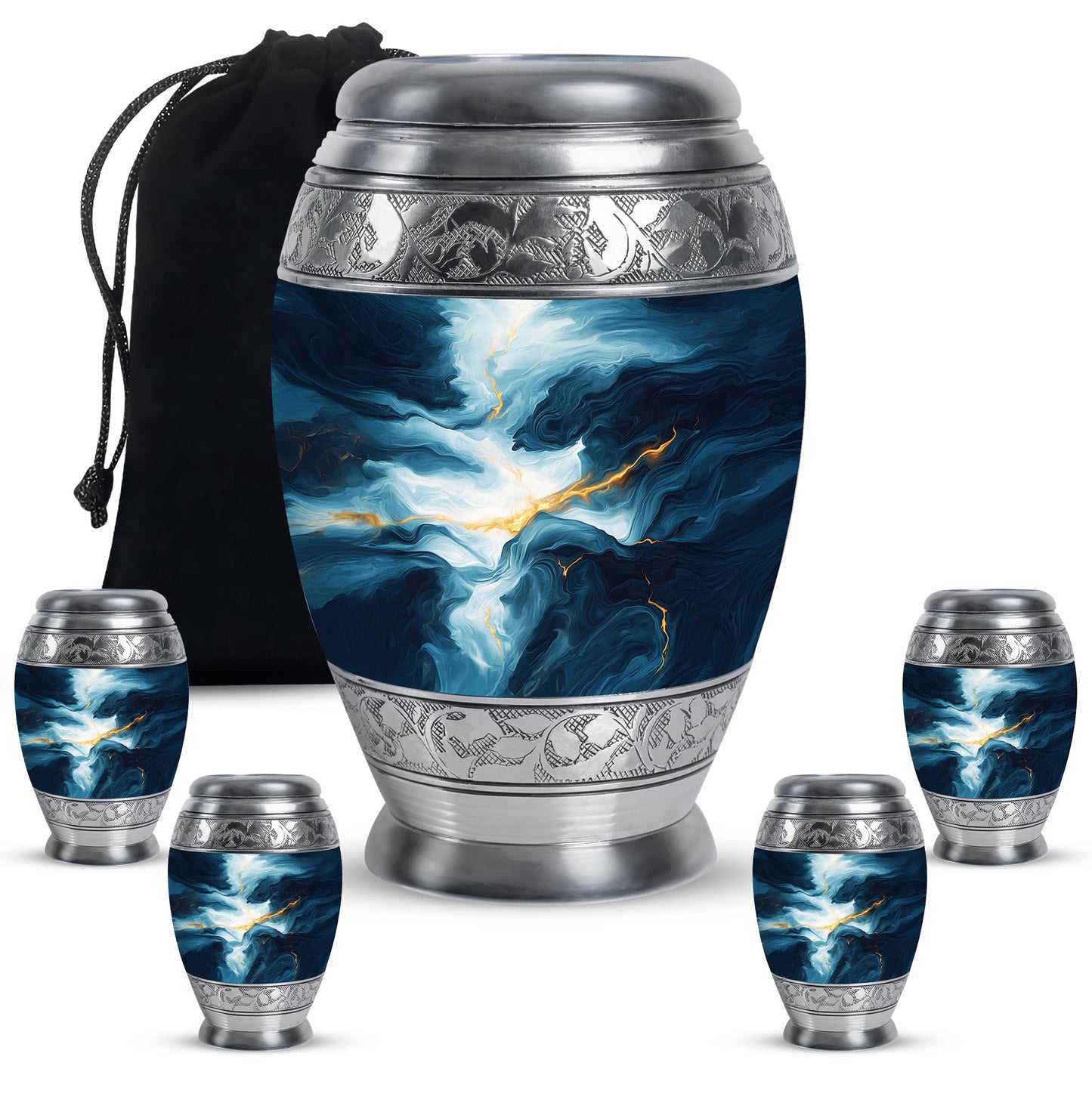 Azure Blue Cremation Urn detail view - ornate monarch-style blue relief on brushed aluminum - memorial set with one large and four small urns