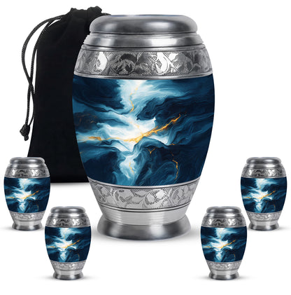 Azure Blue Cremation Urn detail view - ornate monarch-style blue relief on brushed aluminum - memorial set with one large and four small urns