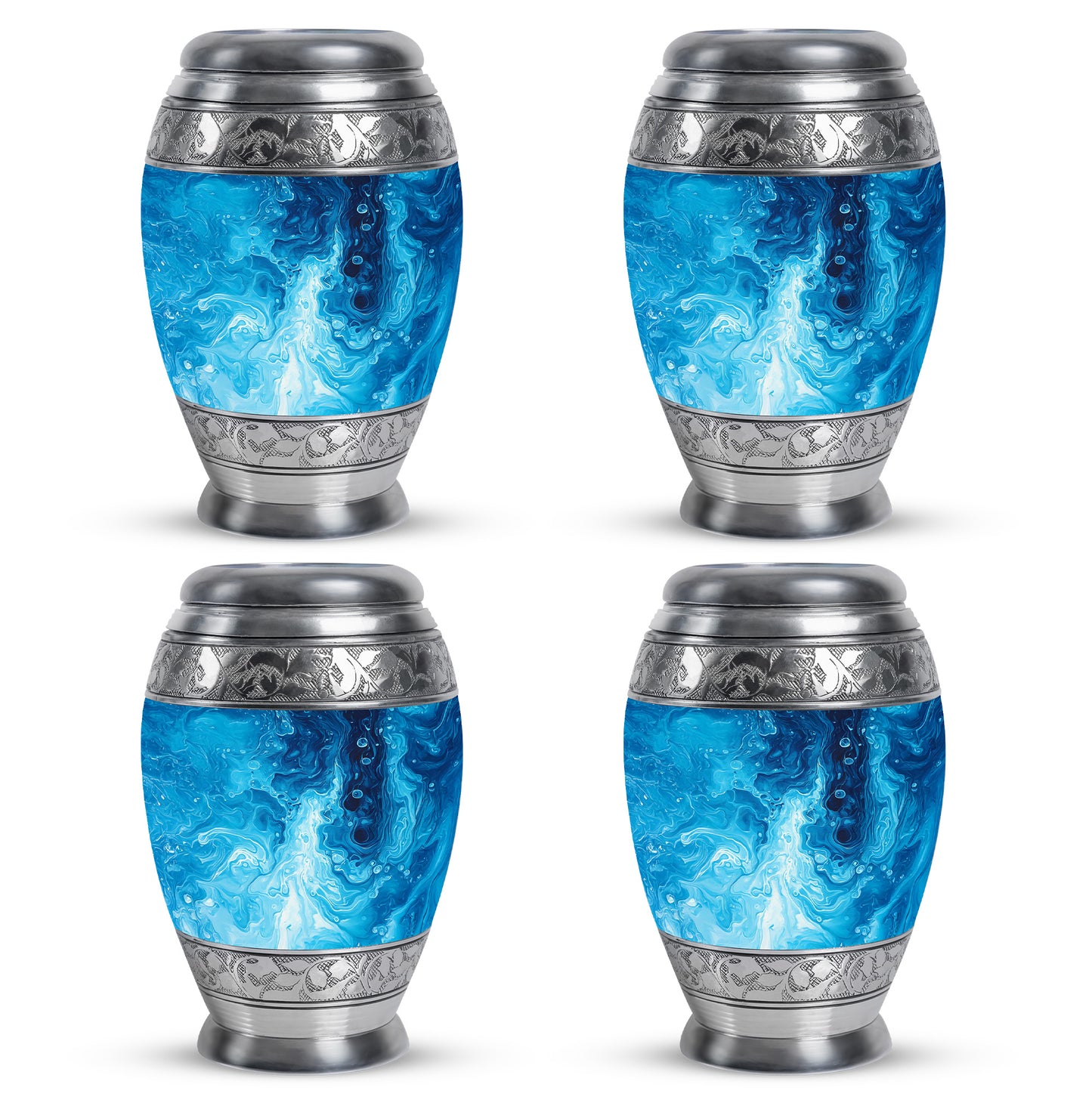 Navy Blue Blue Cremation Urn urn with complimentary velvet bag - ornate monarch-style blue relief on brushed aluminum - 10 inch aluminum urn for cremated remains