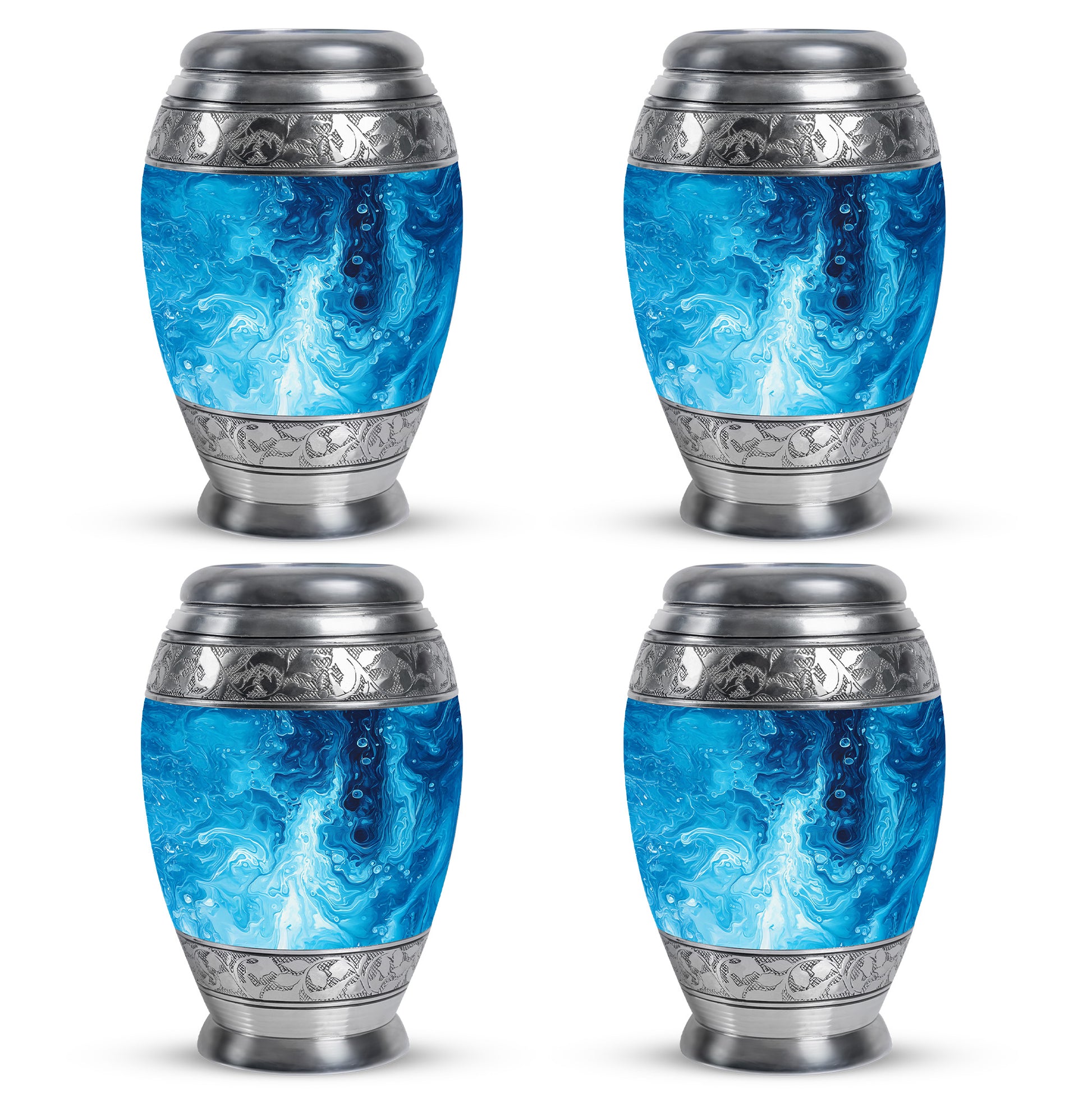 Navy Blue Blue Cremation Urn urn with complimentary velvet bag - ornate monarch-style blue relief on brushed aluminum - 10 inch aluminum urn for cremated remains