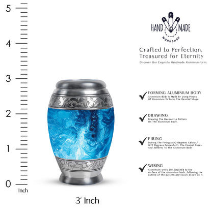 Vivid Blue Blue Cremation Urn lifestyle display on memorial shelf - royal blue engraving with decorative scrollwork - mini keepsake memorial for portion of cremation ashes